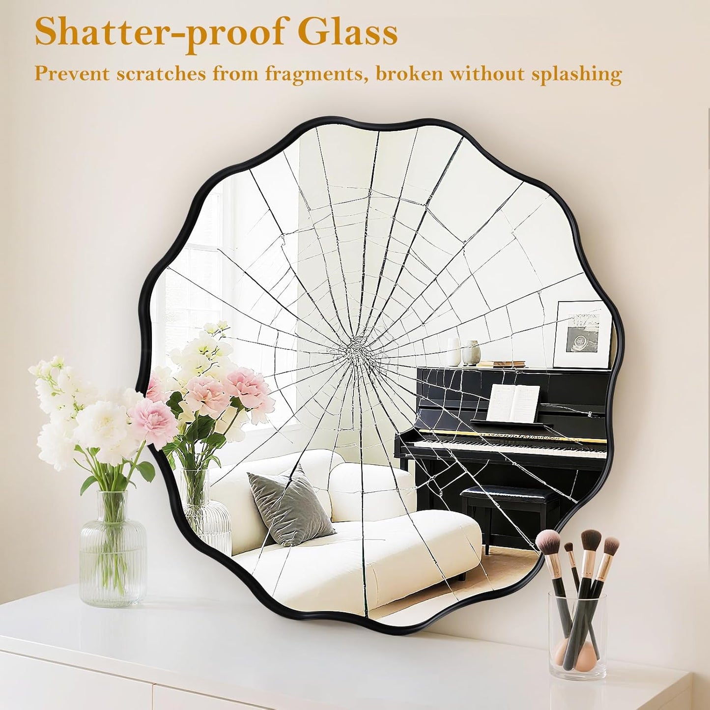 Fabuady Black Round Wavy Edge Mirror - 24'' Circle Wall Mirror with Metal Frame, Decorative Hanging/Leaning Mirror for Bathroom, Bedroom, Living Room, Hallway, Entryway, Office, Home Decor