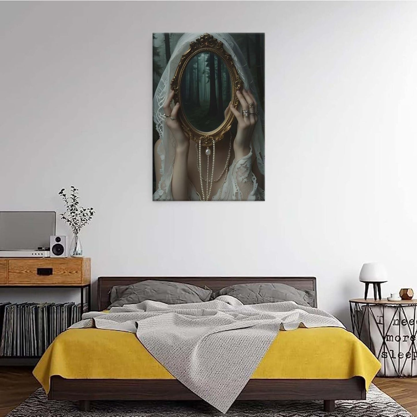 Mirror face covering dark art poster print melancholy gothic painting vintage feminine print victorian style decoration antique art20x30in Wood Framed