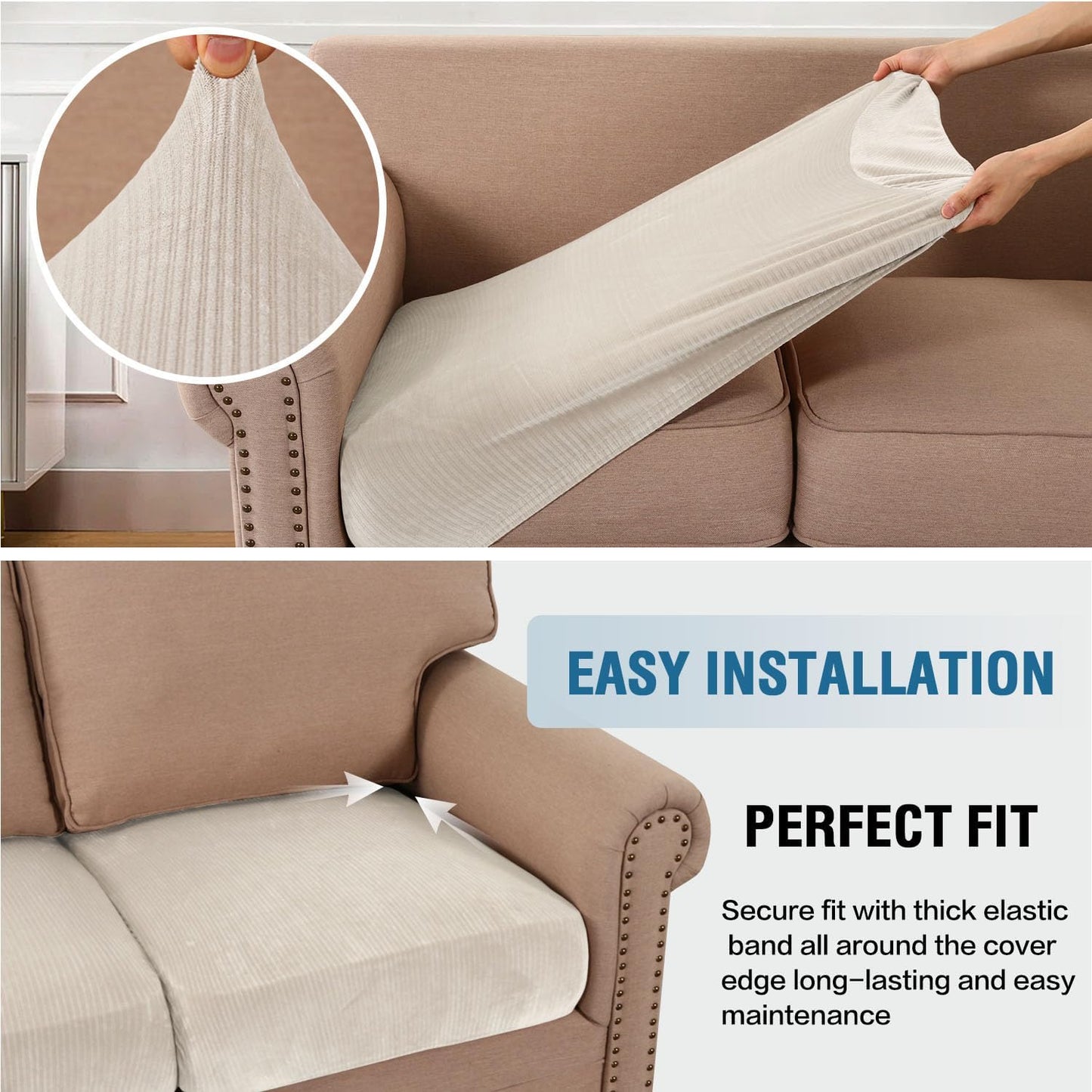 H.VERSAILTEX Velvet Stretch Couch Cushion Cover Plush Cushion Slipcover for Chair Loveseat Sofa Cushion Furniture Protector Seat Cushion Sofa Cover (2 Piece Large Sofa Cushion Covers, Ivory Striped)