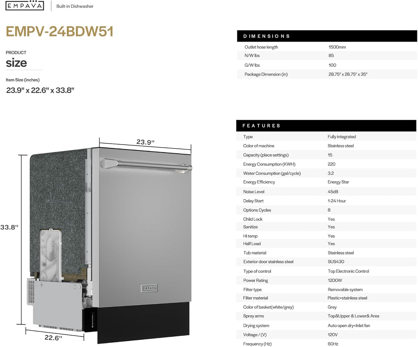 Empava 24 Inch Built-in Dishwasher, Stainless Steel Tub, 15 Place Settings 8 Wash Cycles, 3 Racks, Dual-Dry System, Top Control, 45 dB Ultra Quiet, Energy Star & UL Certified
