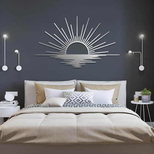 Sunrise Metal Wall Art, Metal Sun Wall Decor, Sun Outdoor Wall Art, Abstract Sunrise Wall Decor, Boho Home Hanging, Living Room Wall Hanging (Silver, 30"x18"/76x45cm)