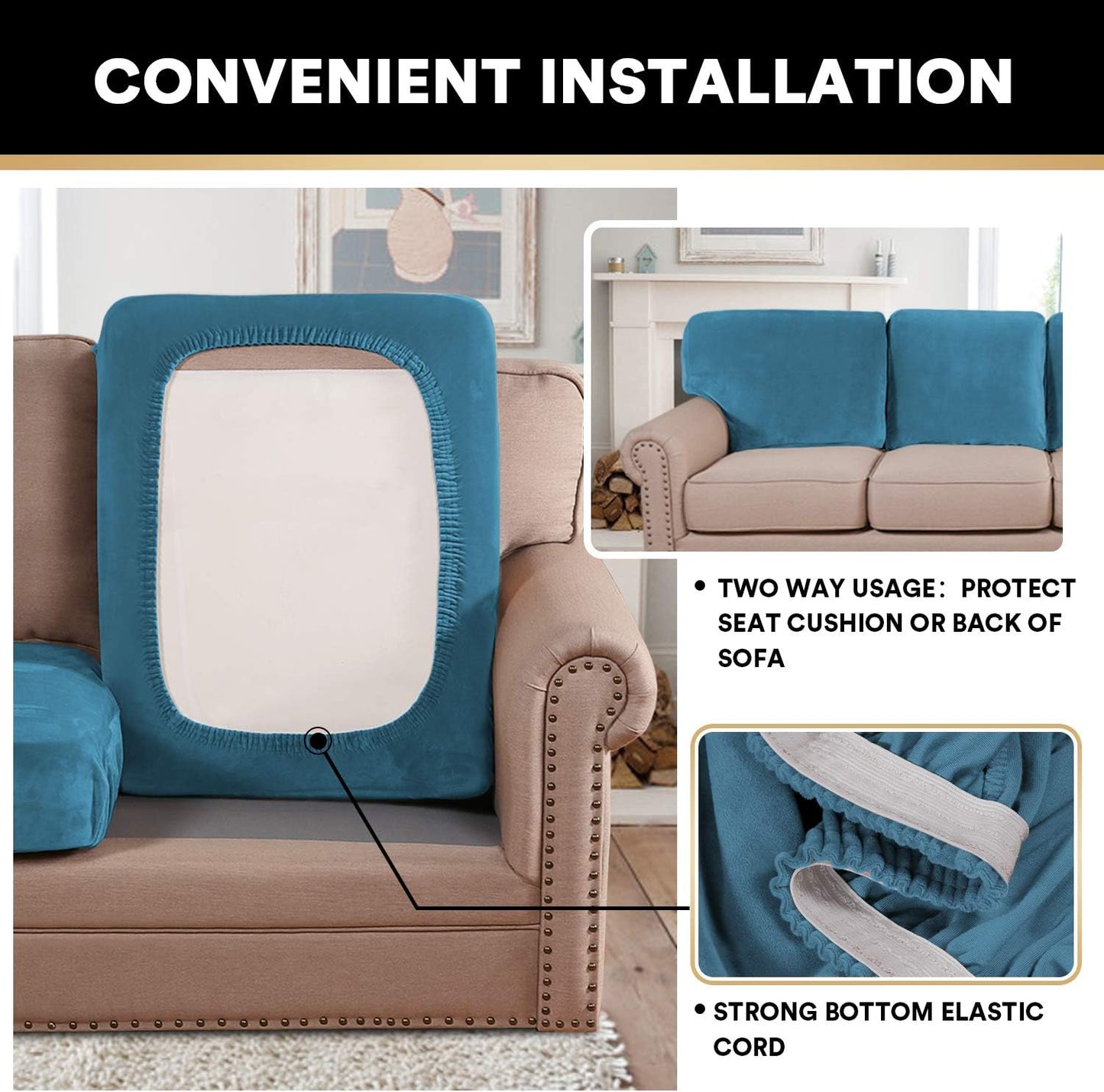 PrinceDeco Velvet Sofa Cushion Covers, Stretch Couch Cushion Covers for Individual Seat Couch Slipcover Sets Furniture Protector for Loveseat Sofa Cushion(Each Width Up to 29.5", Blue)