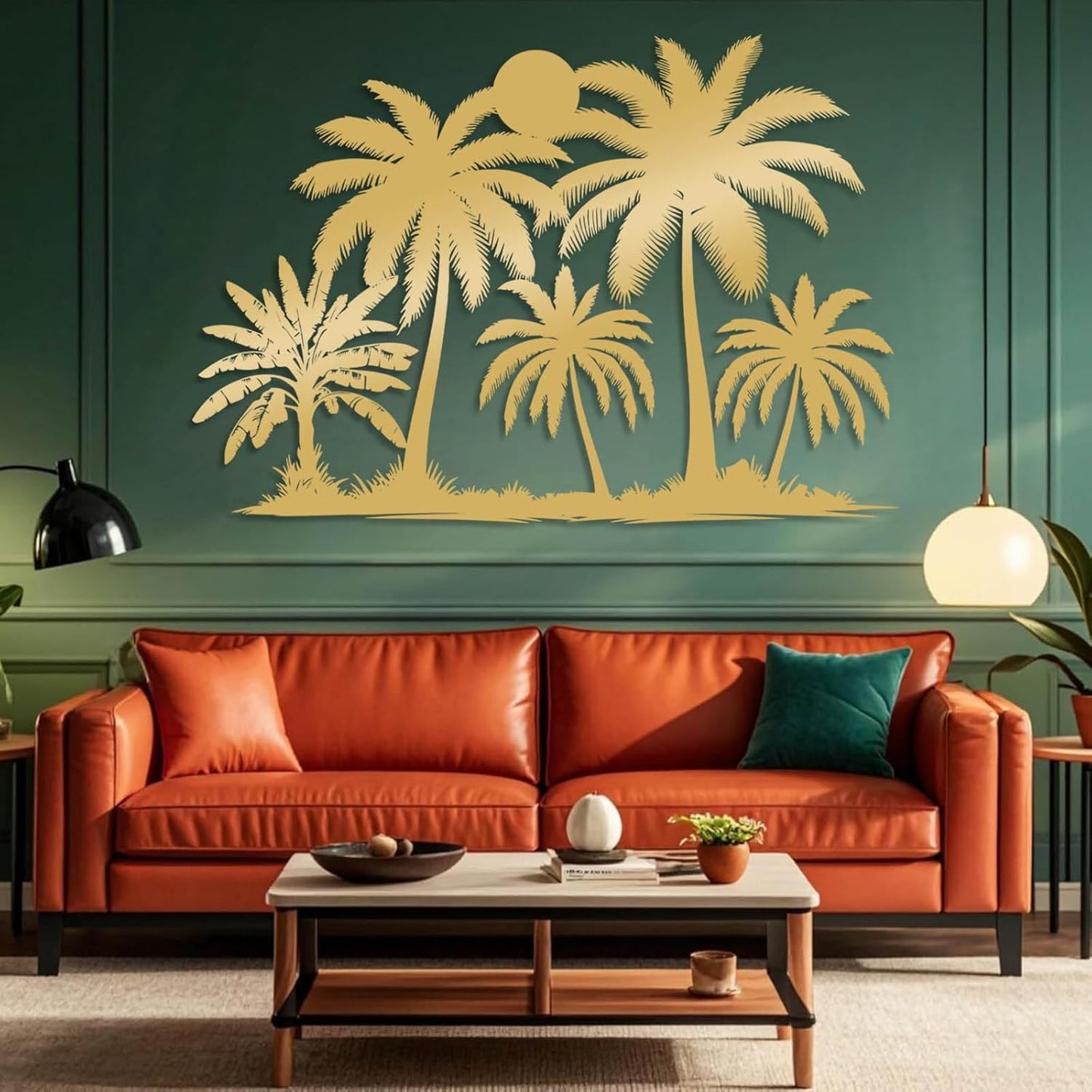 Tuglona Metal Palm Tree with Sunset Wall Decor, Tropical Palm Tree Metal Wall Art, Tropical Wall Decor, Sun Wall Art, Beach Wall Decoration, Coastal Trees Wall Hanging (Gold, 35"x25"/90x62cm)