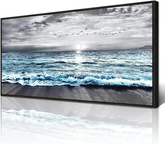 Wapluam Large Black Framed Wall Art For Living Room Wall Decor For Bedroom Office Wall Decorations Black And White Wall Painting Blue Sea Wave Pictures Artwork For Modern Beach Canvas Prints Poster
