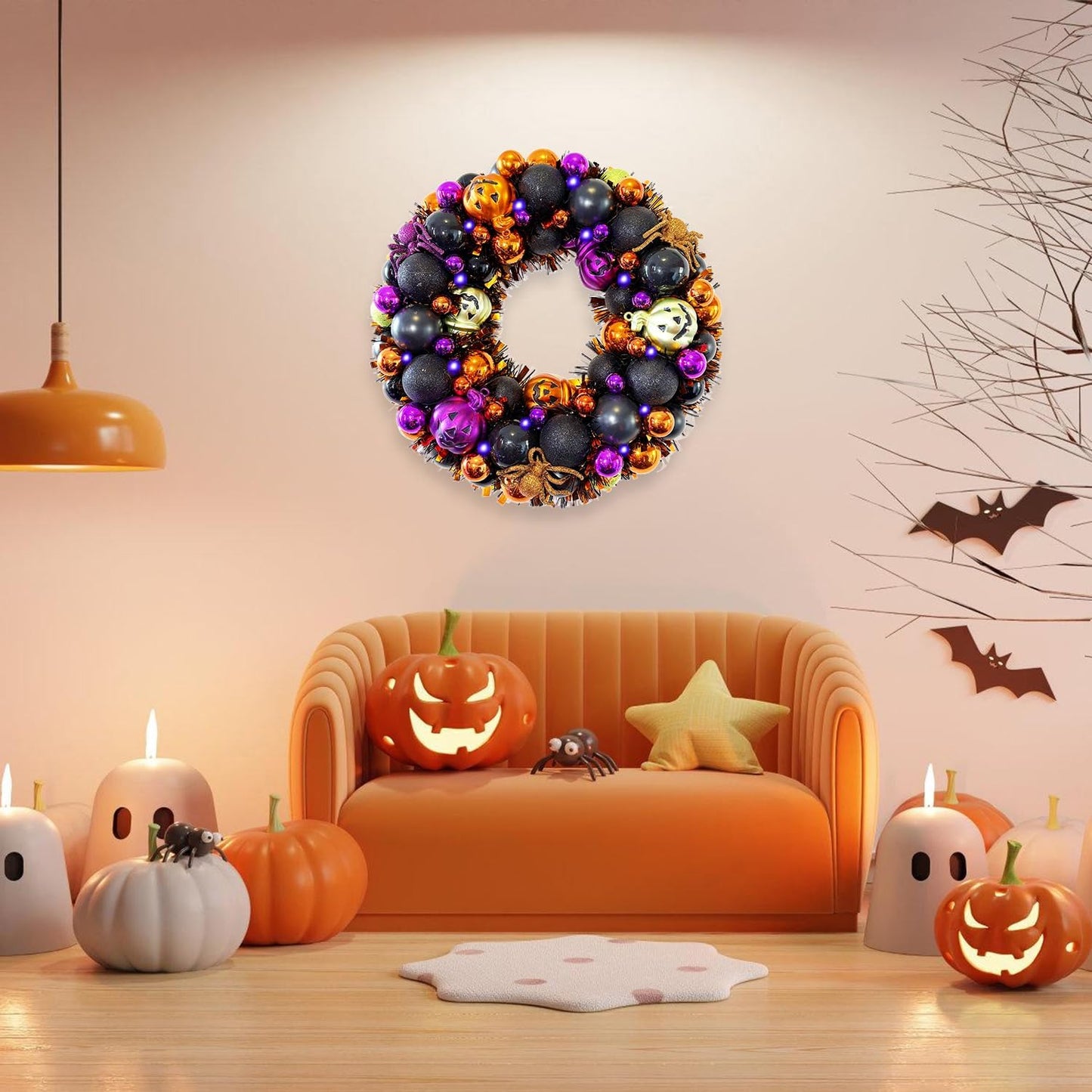 13.8 Inch Halloween Ball Wreath for Front Door with Lights, Lighted Cute Treat-or-Trick Door Wreath Ball Ornament for Halloween Indoor Decorations Centerpiece Party Holiday Wall Home Decor
