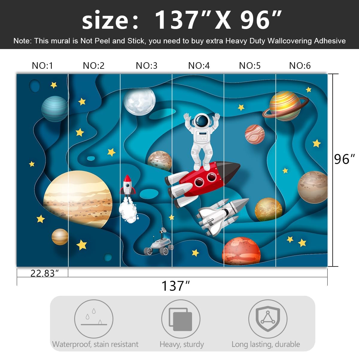 -Kindergarten Children Galactic Planet Fabric Wallpaper Living Room Bedroom Boys Girls Children Cartoon Astronauts Large Mural- 137"x96"（ not Peel and Stick）