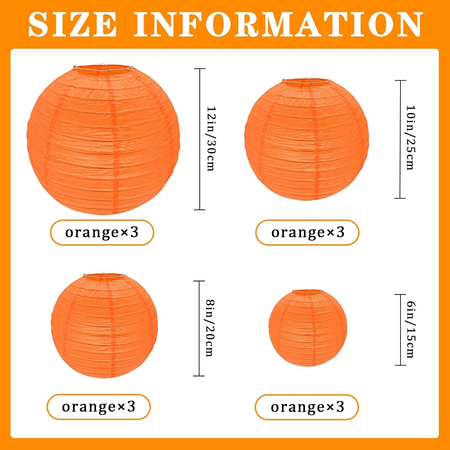 12Pcs Round Paper Lanterns Assorted Sizes (6" 8" 10" 12") for Home Decor, Restaurant, Church, Wedding, Birthday Party Decorations, Hanging Chinese Japanese Paper Lantern Lamps (Orange)