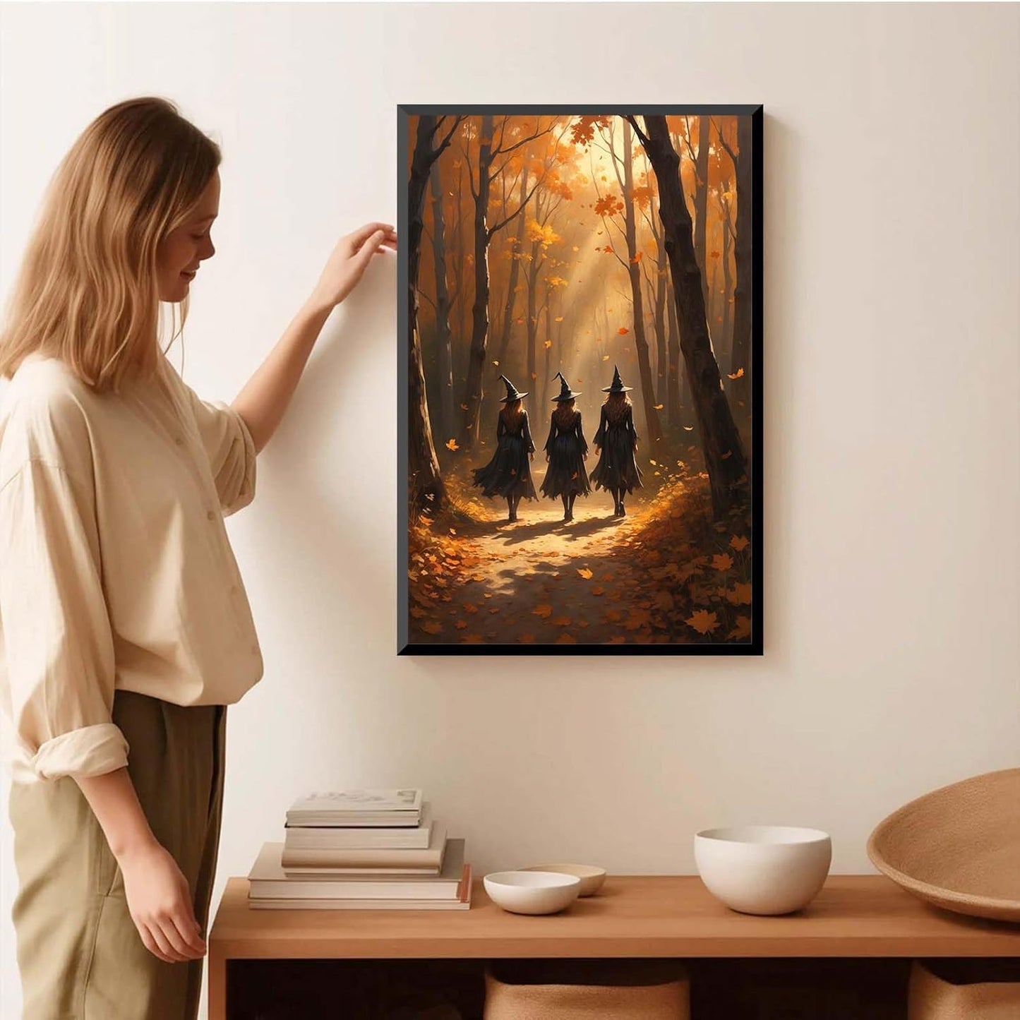 JFHCQJPK Three witches walking in the forest in autumn canvas painting gothic poster halloween print country witch wall art for home decoration12x16in Metal blackFramed