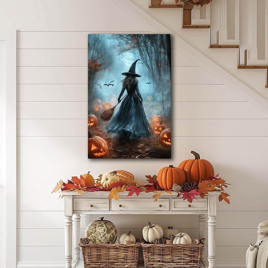 Vintage Moody Halloween Witch Artwork Wall Decor,Spooky Halloween Gothic Canvas Artwork Creepy Horror Witch with A Broom Pumpkin Bats Rustic Forest Picture,Dark Academia Poster,12"x18" Framed