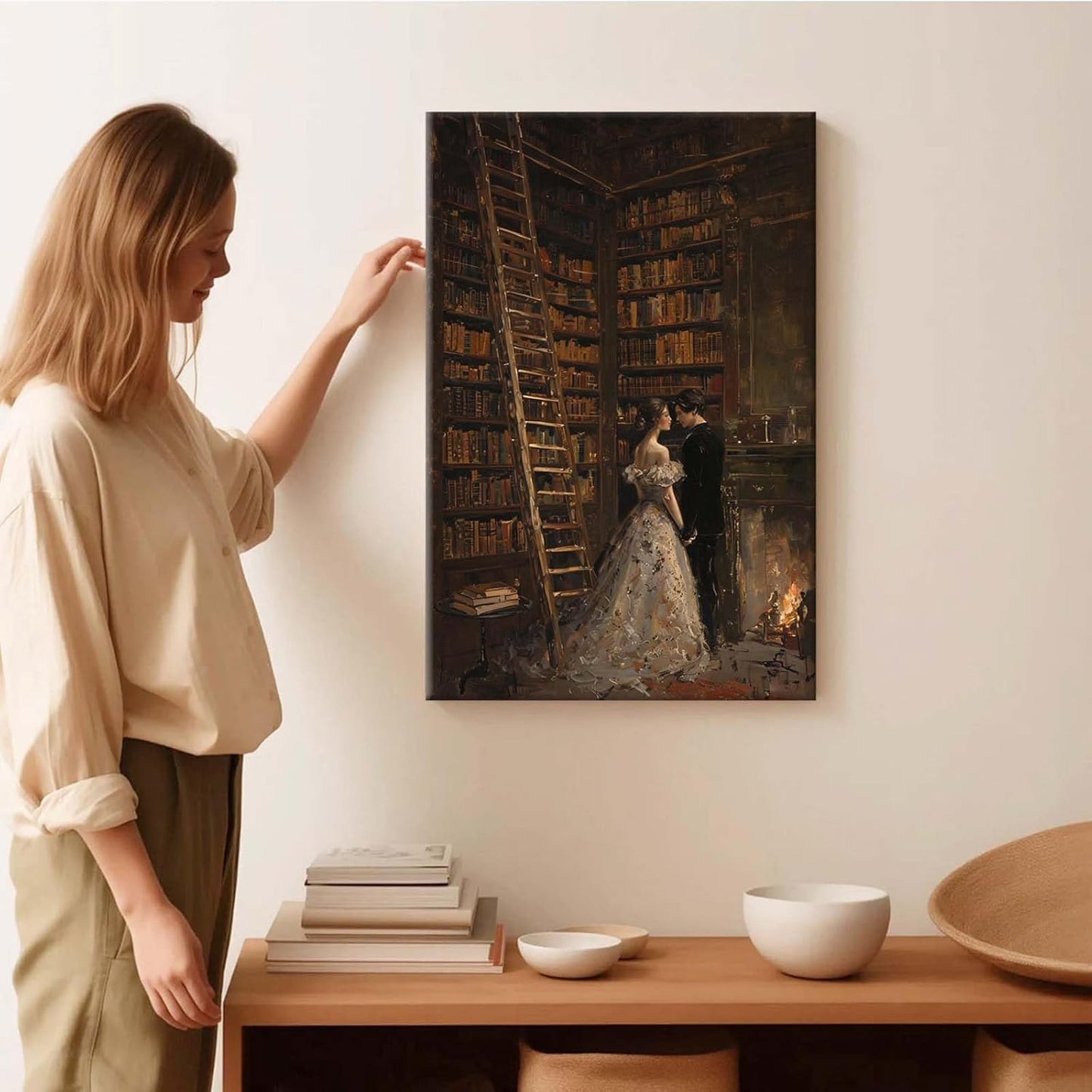 JFHCQJPK Gothic retro library scene decoration melancholy calm art college style wall aesthetic antique style home decoration suitable for bedroom living room24x36in Frameless