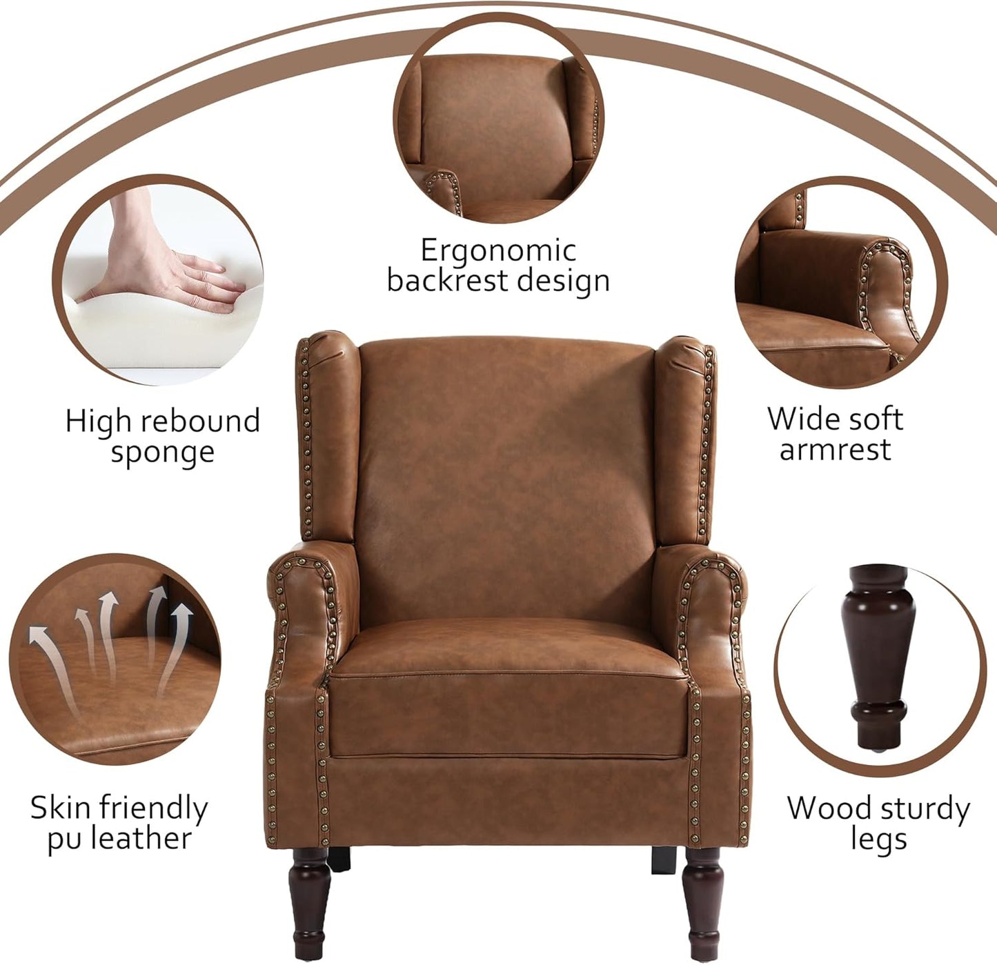 Accent Chair, Faux Leather High Back Armchair or Living Room, Comfy Upholstered Single Sofa Reading Chair with Solid Wood Legs for Office, Bedroom, Waiting Room-Brown