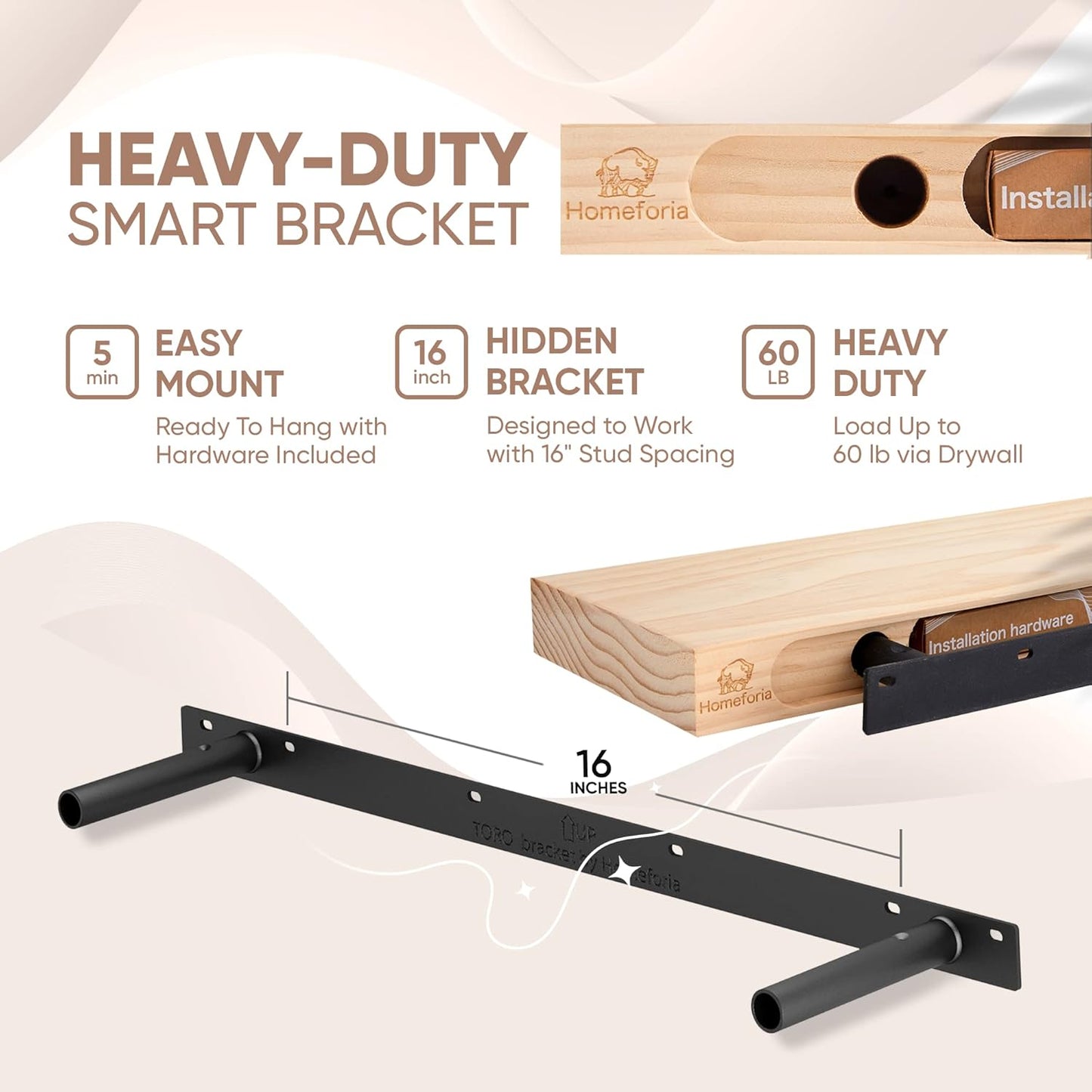 Homeforia 36 inch Wood Floating Shelves, High End Solid Natural Wood 36inch Large Floating Shelf Bathroom, Unfinished Wooden Floating Shelves for Wall, Heavy Duty Bracket, 36 X 6.5 X 1.75 in, Set of 2