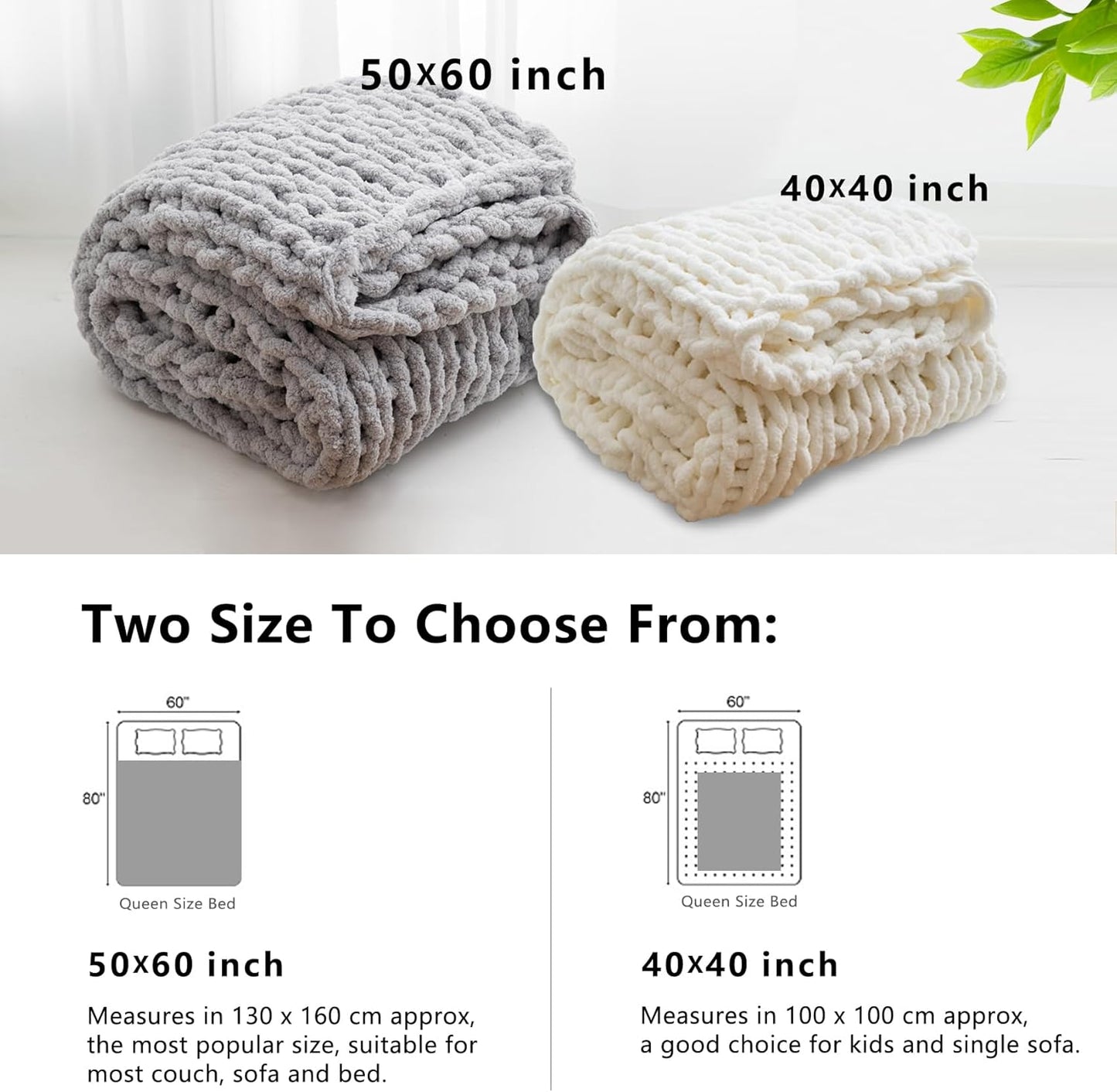 WESHIONGOO Chunky Knit Blanket Throw 40"×40" Knitted Throw Blankets for Couch Bed Fluffy Soft Blanket with Jumbo Chenille Yarn Thick 100% Handmade (White)