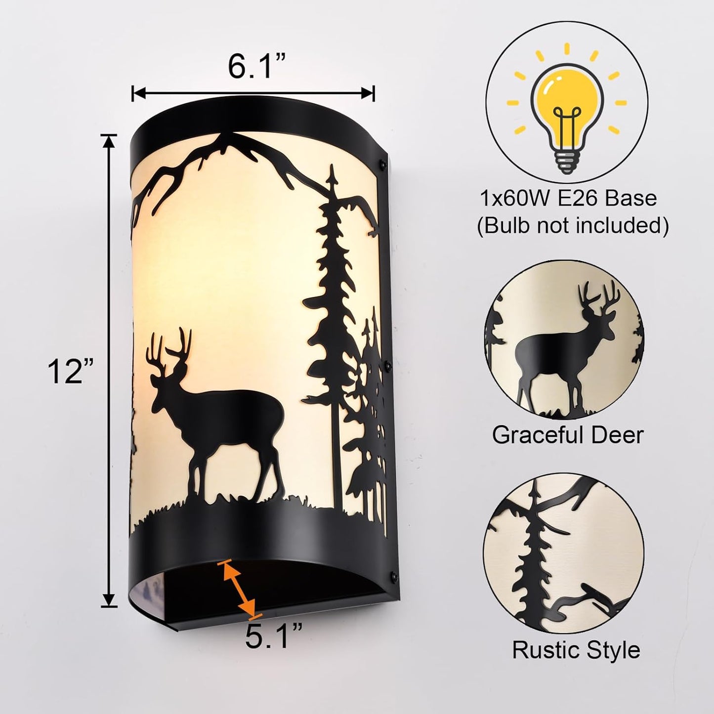 Wall Sconces Set of Two,Deer Cream White Parchment Rustic Wall Sconces,Farmhouse Black Sconce Light,Industrial Metal Indoor Wall Light Fixtures,Wall Lamps for Bedroom,Living Room,Hallway