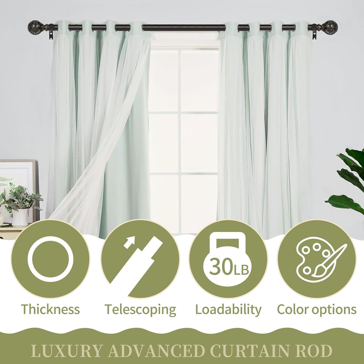 Bronze Farmhouse Curtain Rods for Windows:18-45 Inch Heavy Duty Adjustable Curtain Rod for Bedroom Living Room,Boho Decorative Rustic Drapery Rods with Vintage Coastal Finial,Antique Bronze