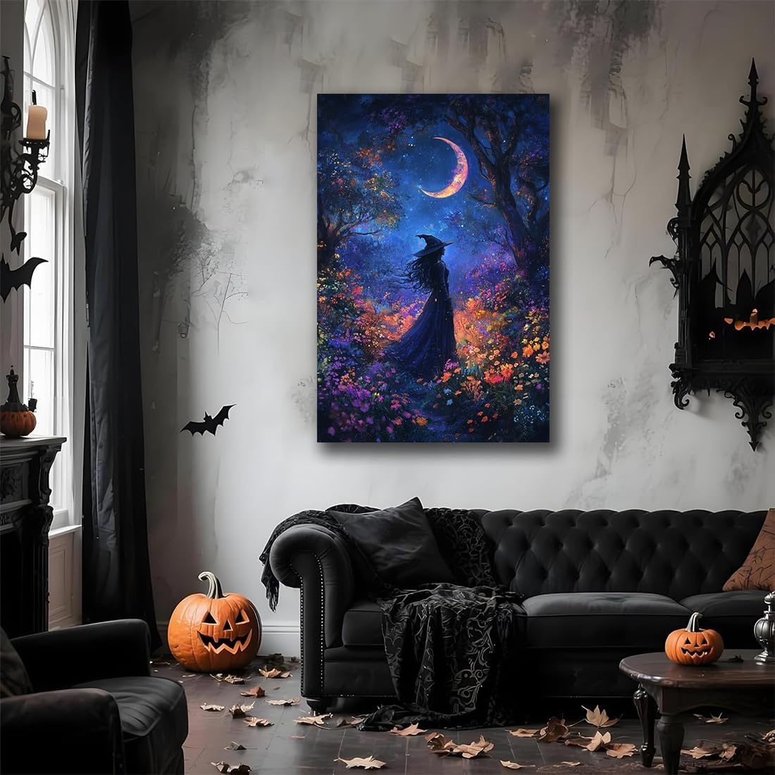 Vintage Halloween Witch Decor Mystic Gothic Wall Art Poster,Enchanting Witch Fall Whimsical Wildflowers Woodland Forest Crescent Moon Picture Art,Creepy Witchy Home Decor,24"x36" Unframed