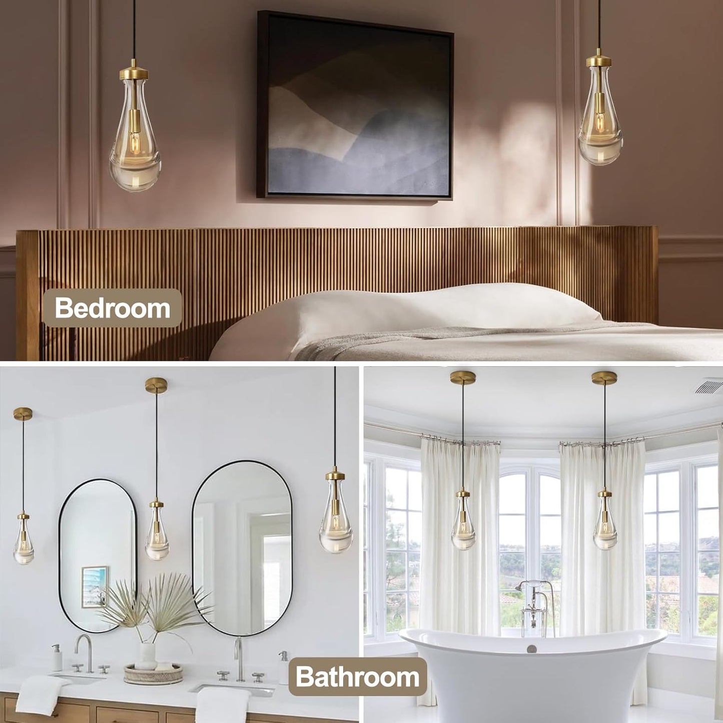 Raindrop Pendant Lights Set of 3, Pendant Lights Kitchen Island 3 Pack, Teardrop Glass Pendant Lights for Bedroom Bathroom, Island Lights, Chandelier for Living Room Hallway, Bulb Included