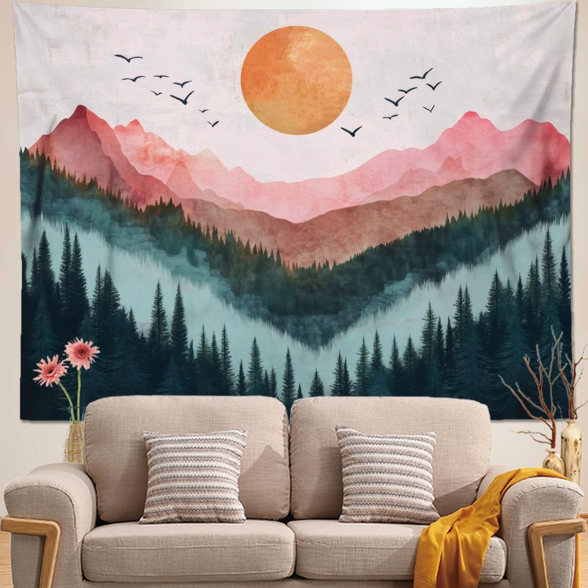 keowhsf Sunset Mountain Forest Tapestry - Large Nature Landscape Wall Hanging, Aesthetic Pine Tree Scenery Wall Art for Bedroom & Living Room Decor
