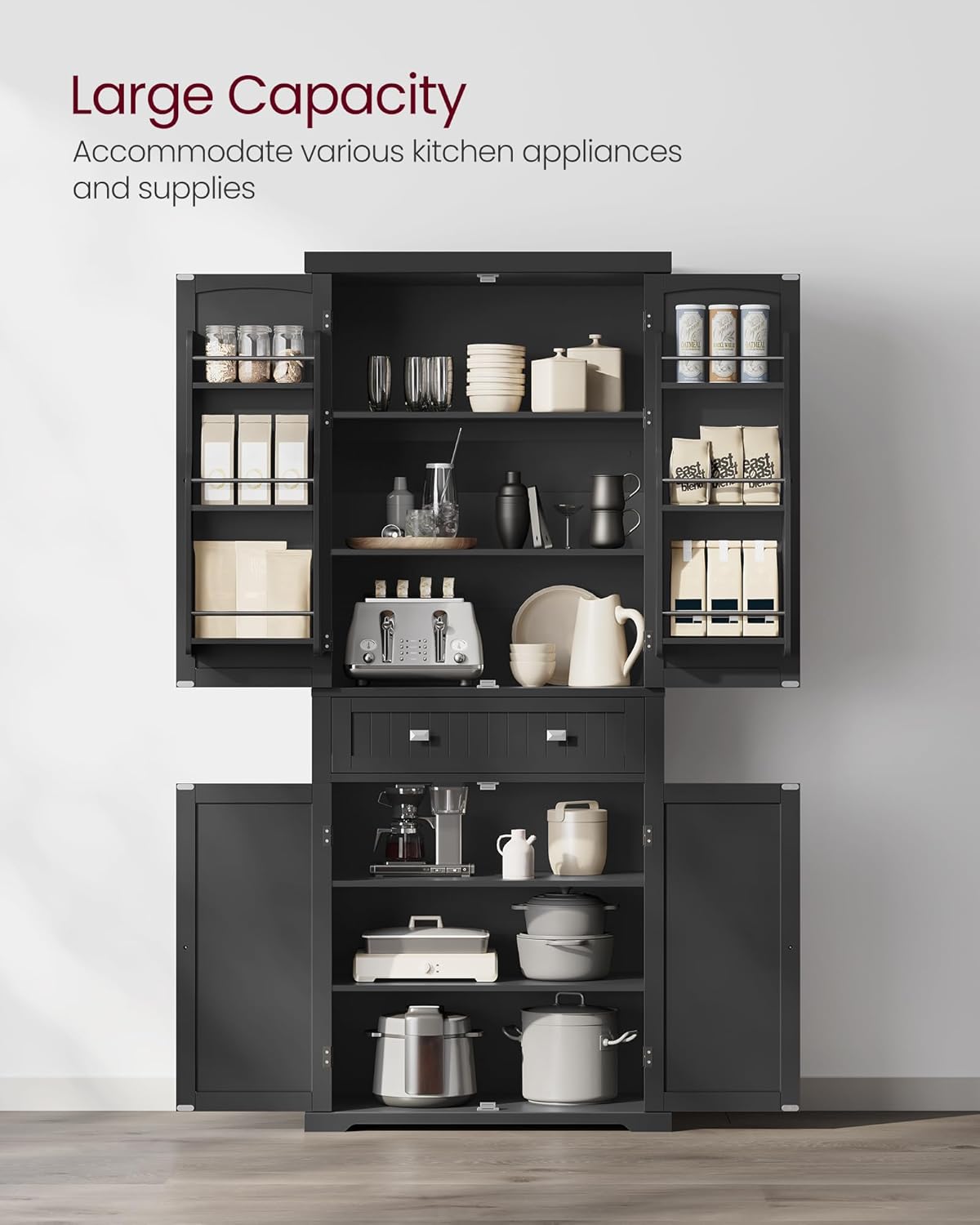 VASAGLE Pantry Cabinet, 71.7-Inch High Freestanding Tall Cupboard Storage Cabinet with a Drawer, 2 Cabinets, 4 Adjustable Shelves, 6 Door Shelves, for Living Room, Kitchen, Ink Black UBBC561B12