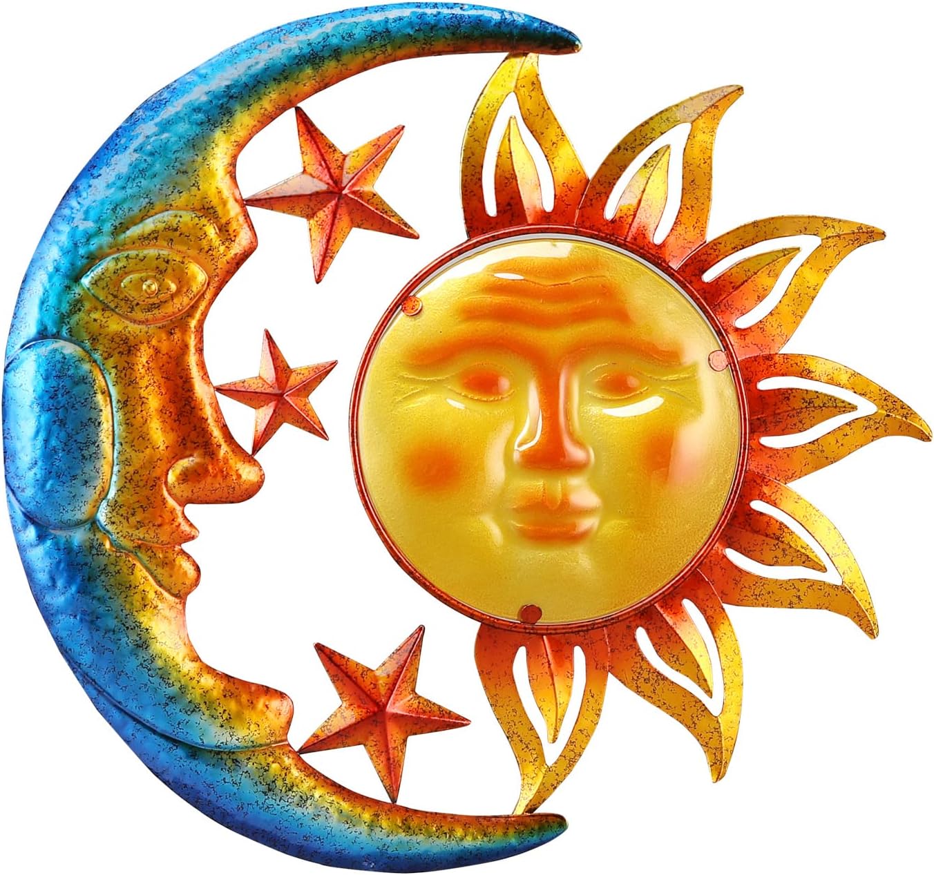 Metal Sun Outdoor Wall Art Decor Large 18 Inch with Moon & Stars, Hanging for Indoor Outdoor Patio Garden Fence Deck Yard Pool Wall Sculpture Decoration for Living Room Bedroom Colorful