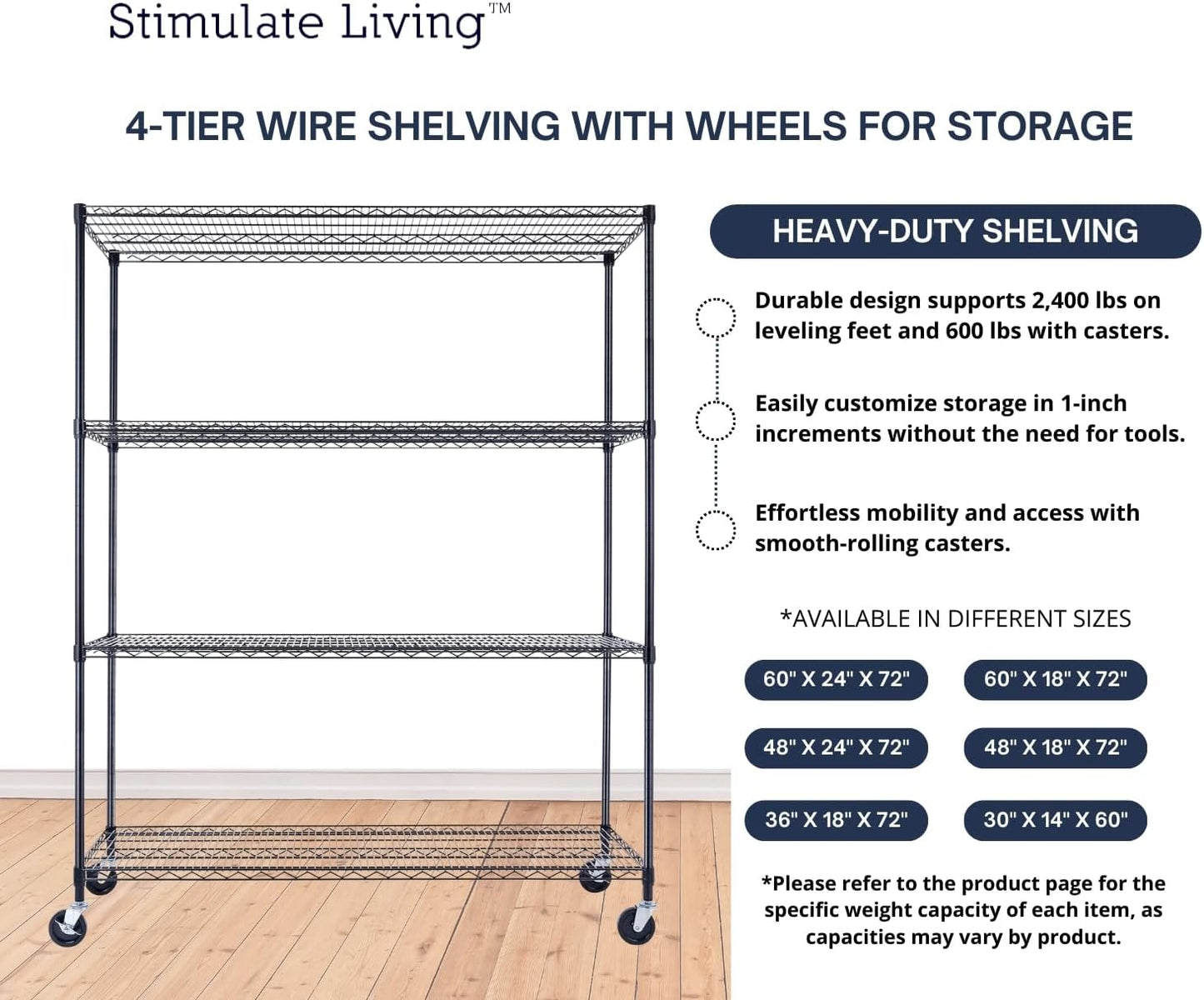 60"x24"x72" PRIME HEAVY DUTY Black 4-Tier Wire Shelving NSF 2400 LBS MAX Capacity Storage Rack for Commercial, School, Home, Garage, Warehouse, Industrial, and Hospital Uses (with Wheels)
