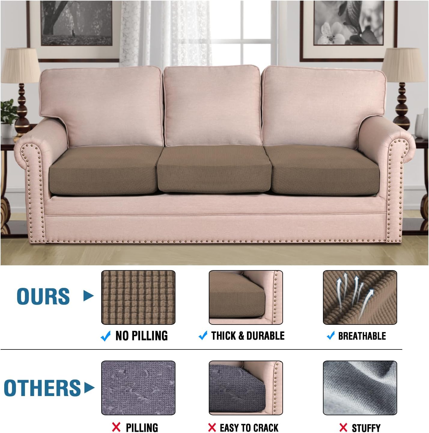 H.VERSAILTEX Super Stretch Individual Seat Cushion Covers Sofa Covers Couch Slipcover Sets Thick Jacquard Textured Twill Fabric (3 Piece Sofa Cushion Covers, Macchiato)