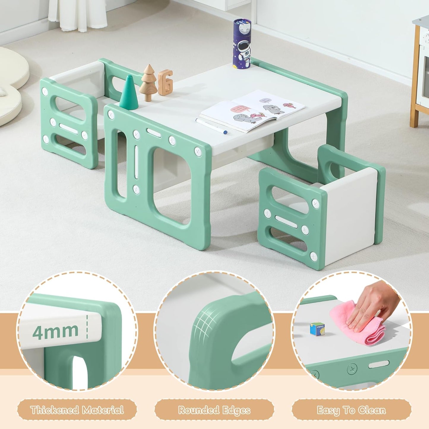 3 in 1 Montessori Weaning Table and 2 Chairs Set, Kids Activity Table Set, 2 Height Levels, Toddlers Activity Table for Drawing, Dining, Reading and Playing, Green
