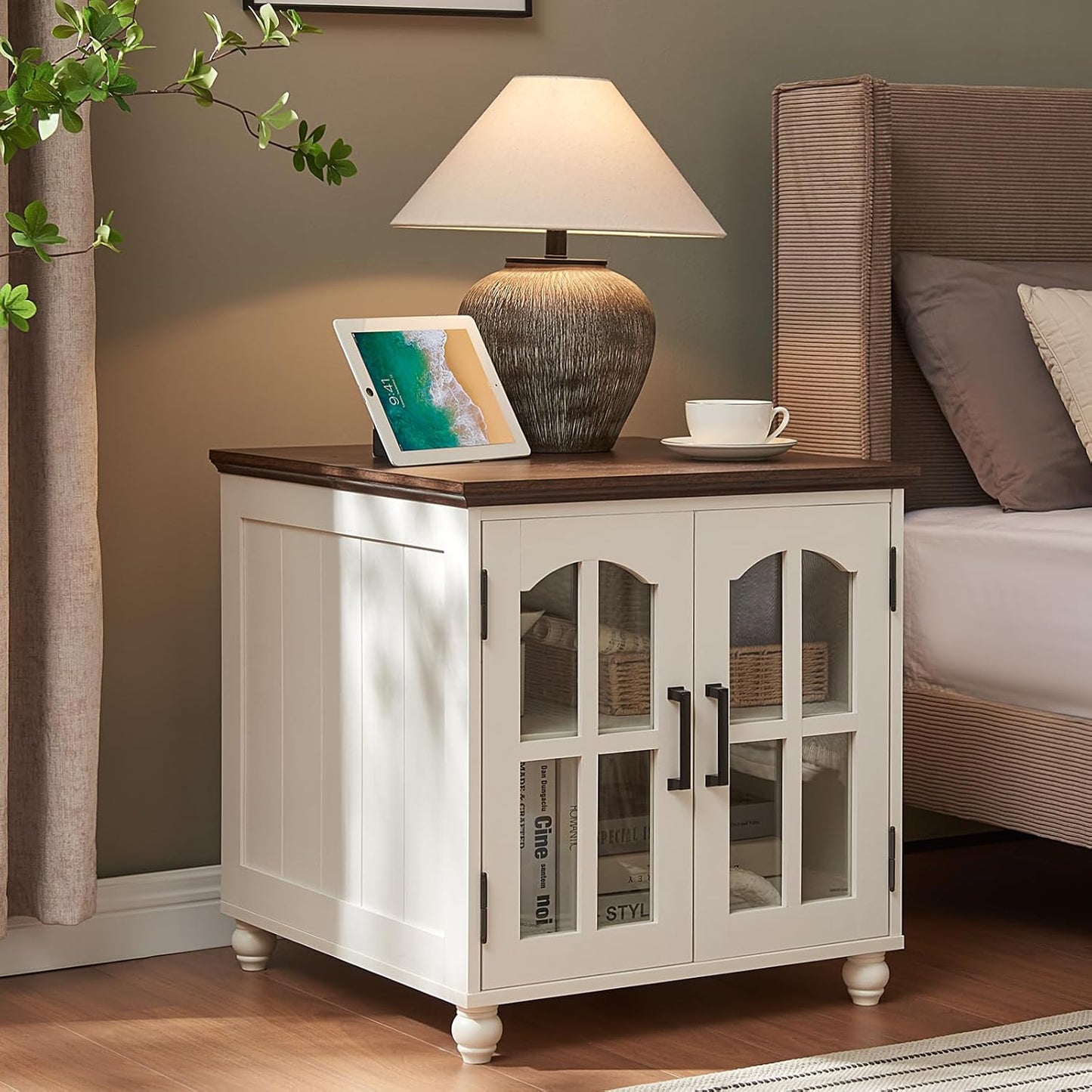 Farmhouse 24" End Table Set of 2 with Charging Station, Large Sofa Side Table with Glass Barn Door,Wood Night Stand with Adjustable Storage Shelf,Square Bedside Table for Living Room,Bedroom
