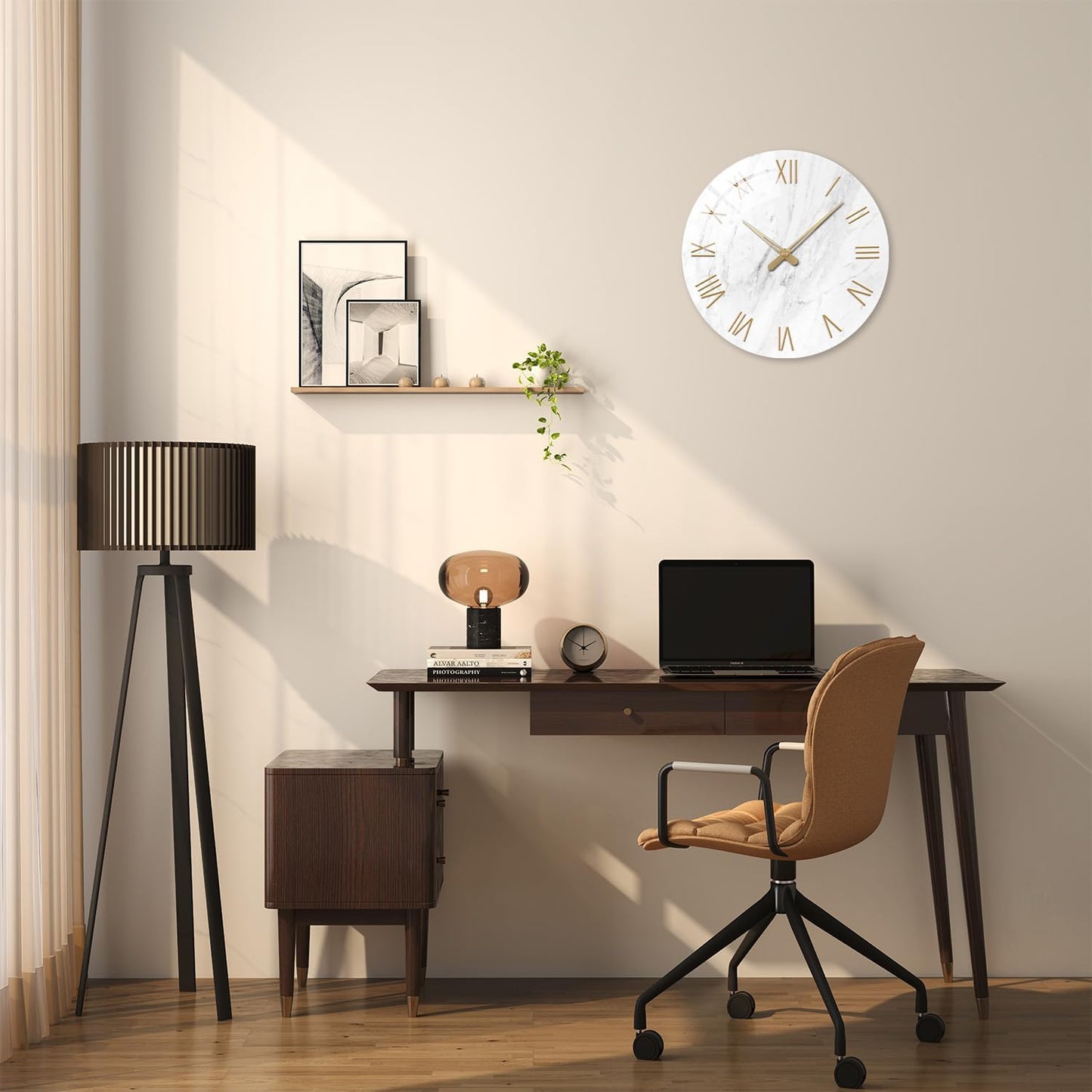 Round Marble Battery Wall Clock Modern 14 Inch White Minimalist Wall Clock for Kitchen Quartz Glass Slient Clock for Wall