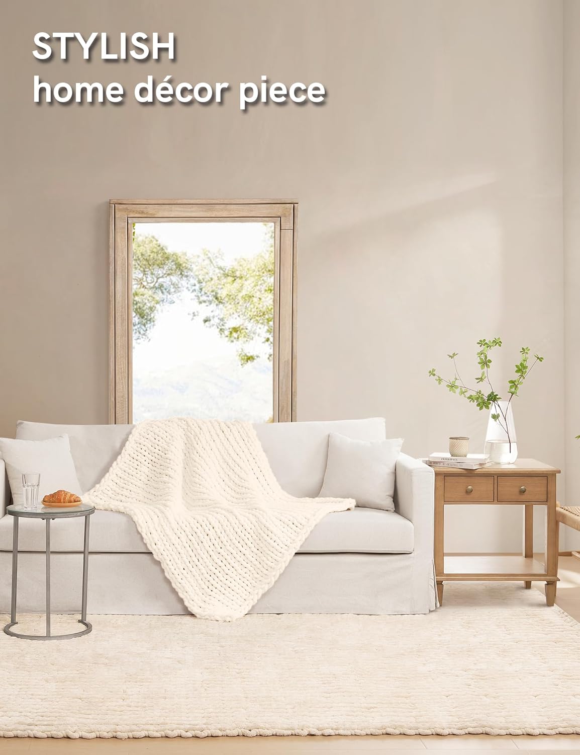 YnM Chunky Throw Blanket, Hand Knitted with Chenille Yarn, Skin Friendly, Ventilated and Breathable, Machine Washable, Home Décor Piece for Couch, Sofa and Bed (Butter Cream, 30x40 Inch)