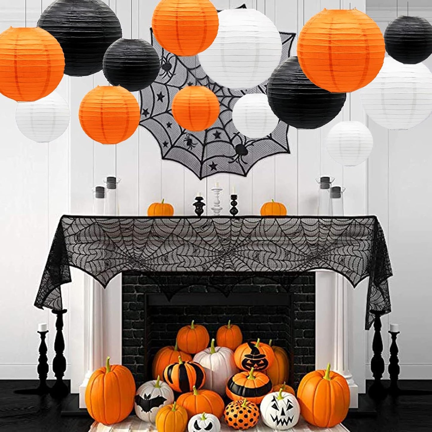 ADLKGG Paper Lanterns Party Decorations, Orange Black White Round Hanging Lanterns for Graduation Halloween Thanksgiving Birthday Party Decorations, 21pcs