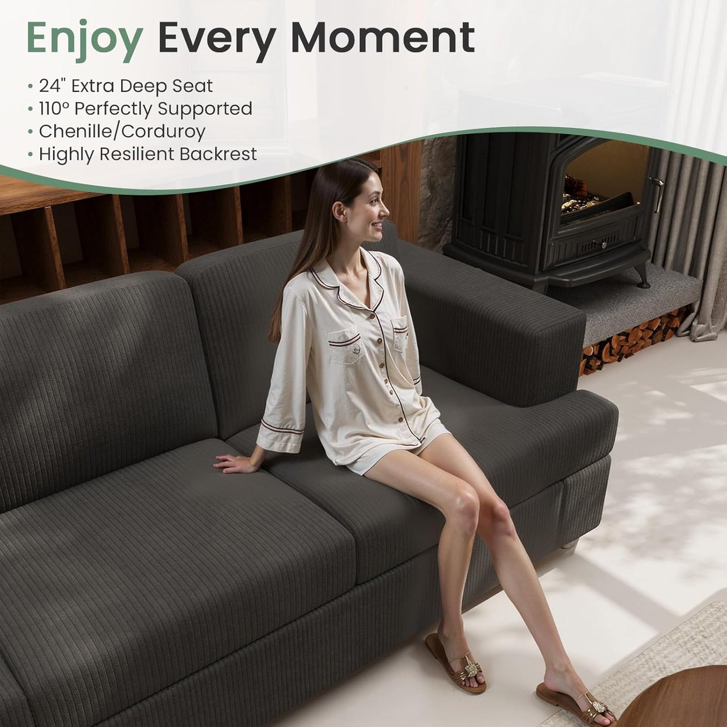 3 Seater Corduroy Couch for Living Room, 89” Black Cloud Sofa, Deep Seat Floor Couch for Bedroom, Futon Modern Sofa Sectional Bed, Black Corduroy