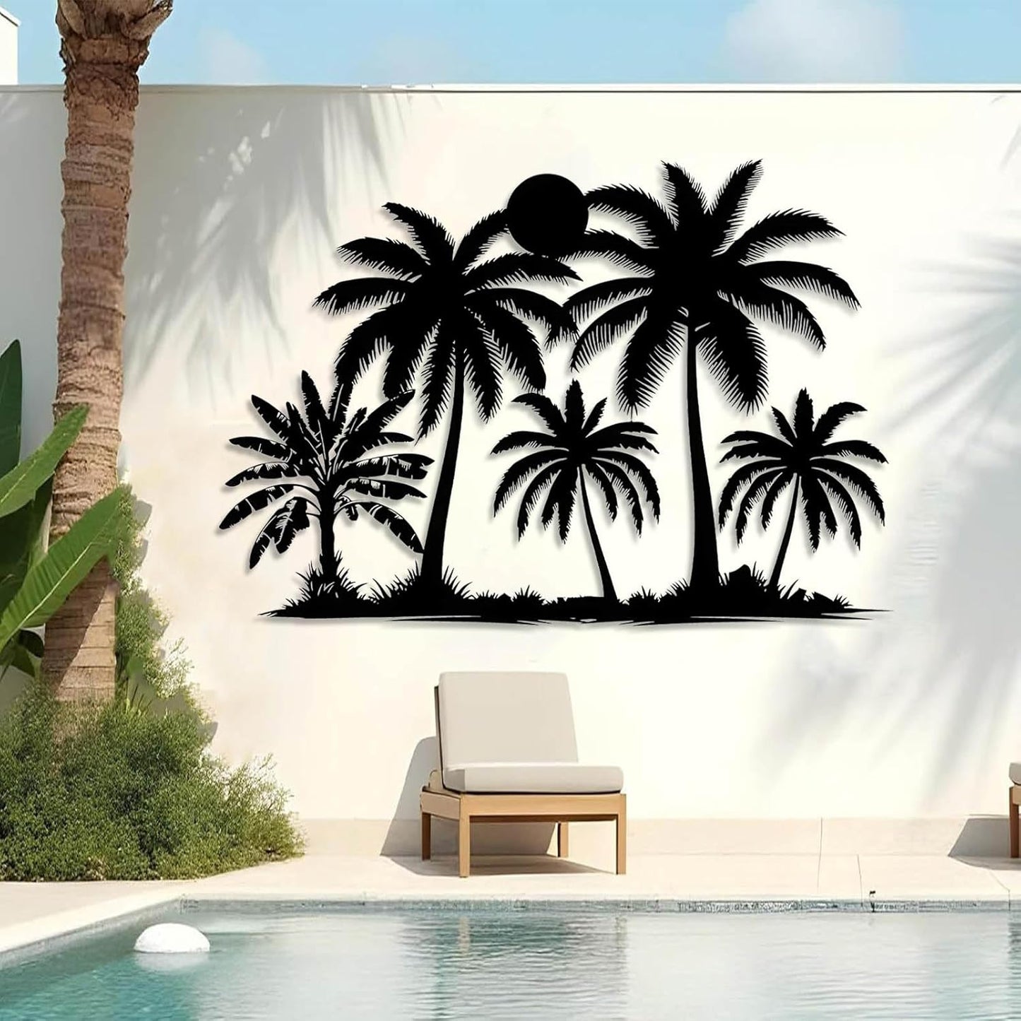 Tuglona Metal Palm Tree with Sunset Wall Decor, Tropical Palm Tree Metal Wall Art, Tropical Wall Decor, Sun Wall Art, Beach Wall Decoration, Coastal Trees Wall Hanging (Black, 53"x37"/135x93cm)