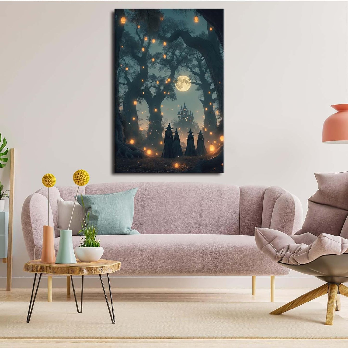 Mysterious creek painting witch and castle in magic forest art print canvas gothic print dark college decoration poster for home bedroom24x36in Wood Framed