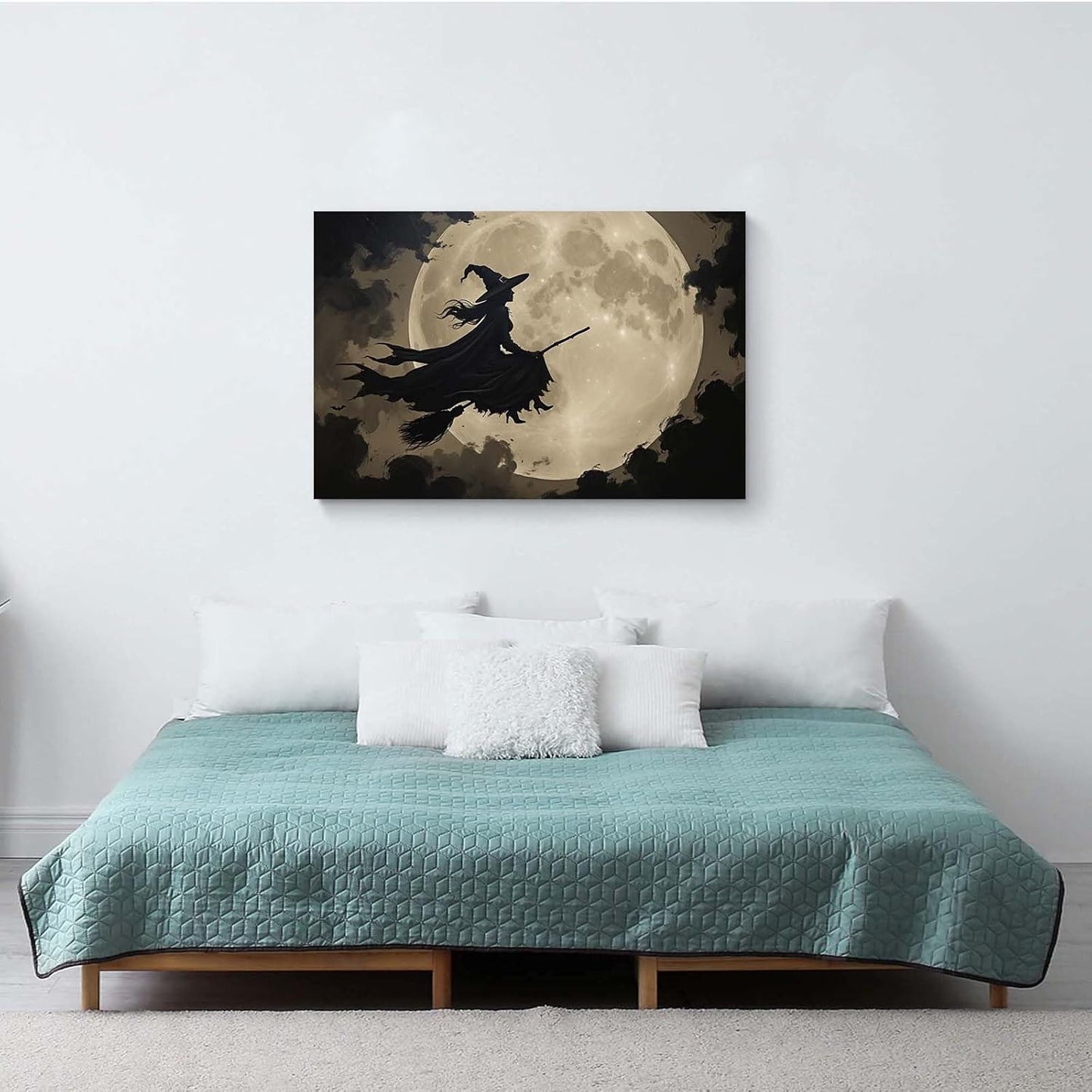 Full moon witch silhouette poster witch on magic broom Halloween mural poster decorative mural art suitable for home living room bedroom12x16in Wood Framed