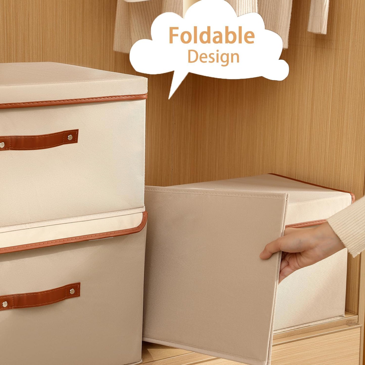 Tuza 2-Pack Large Fabric Storage Bins with Lids, Foldable Storage Boxes with Lids for Organizing, Decorative Storage Boxes with Handles for Home, Bedroom, Closet, Office(Khaki, Medium)
