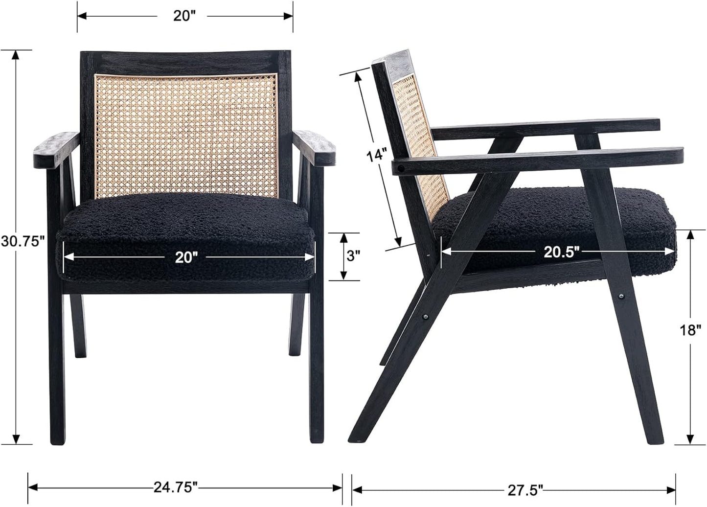 Accent Rattan Chair, Faux Fur Upholstered Living Room Chairs with Cane Back, Retro Mid Century Modern Cane Chair Armchair for Reception Reading Indoor Outdoor, Black