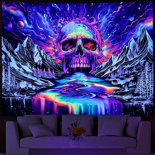 Blacklight Skull Tapestr UV Reactive Galaxy Mountain Planet Tapestries Magic Neon River Wall Hanging Aesthetic Skeleton Wall Decor Forest Trees Landscape Backdrop for Living Room