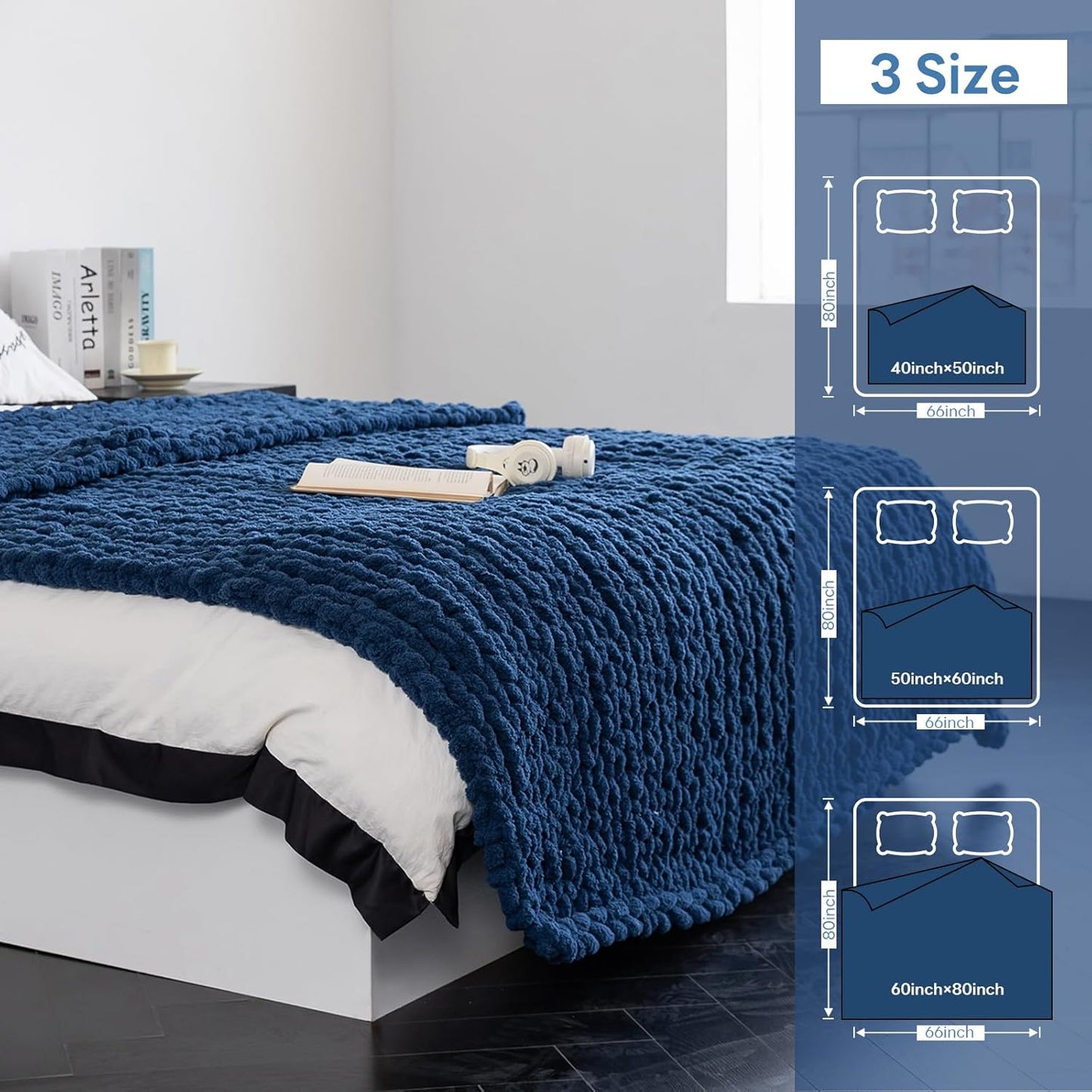 Chunky Knit Blanket - Luxury Soft Cozy 50 * 60 Throw Blanket,100% Woven Blanket Rope Knot Throw Blanket for Couch, Sofa, Home Decor, Gift - Machine Washable（Deep Blue）