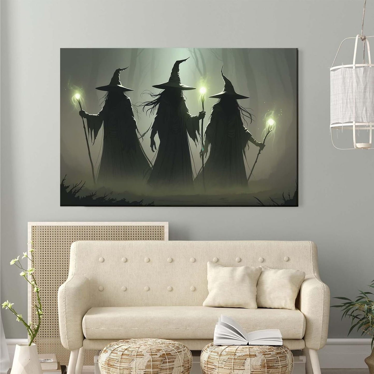 Vintage 3 witches canvas wall decor melancholy dark Halloween poster wall decor holding a staff print Gothic horror Halloween painting print for living room bedroom28x40in Wood Framed