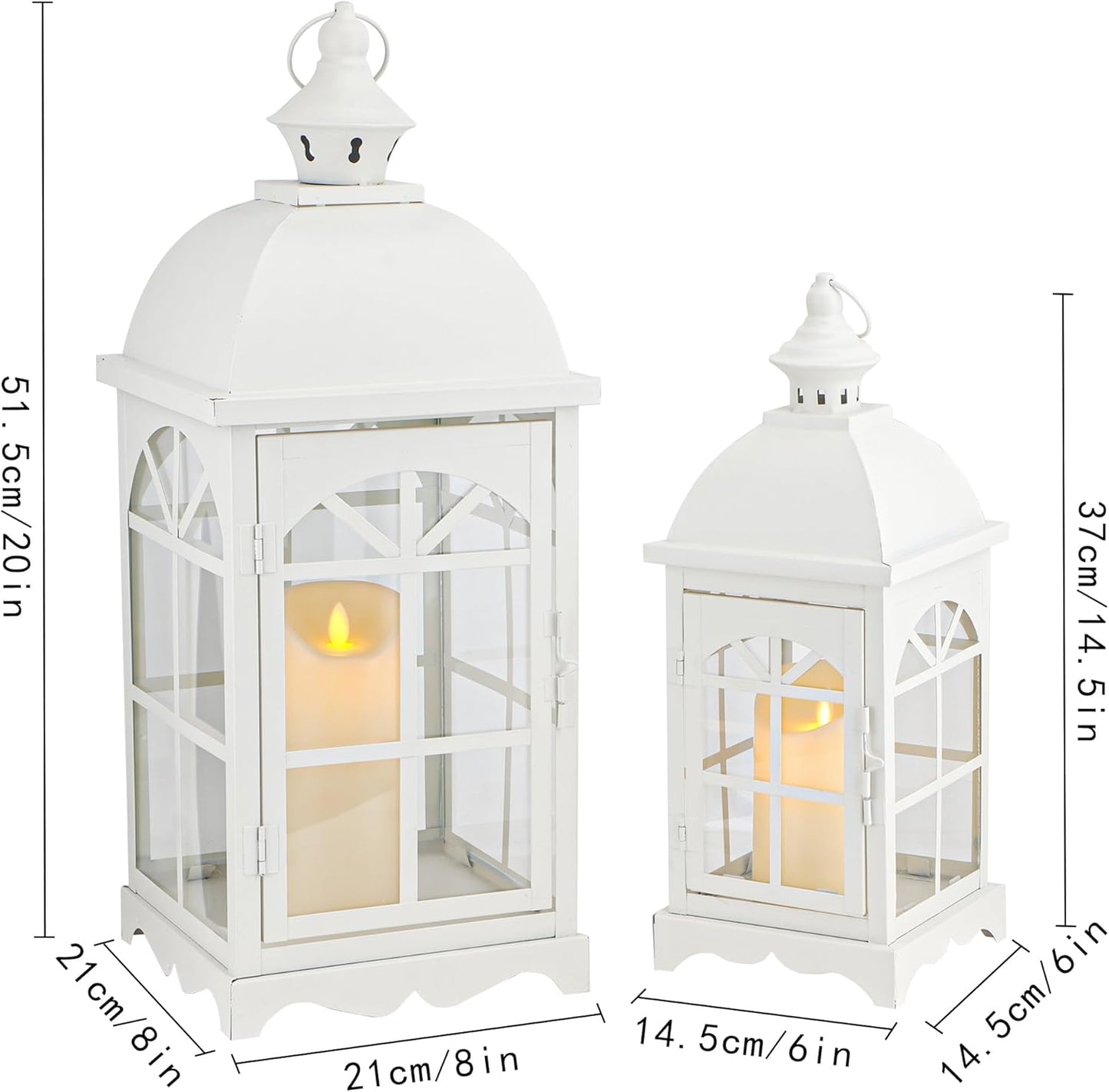 TRIROCKS Set of 2 Decorative Vintage Candle Lanterns 14.5"&20" H Farmhouse Outdoor Hanging Lanterns with Tempered Glass for Porch, Balcony, Patio, Home, Centerpieces, Indoor, Outdoor(White)