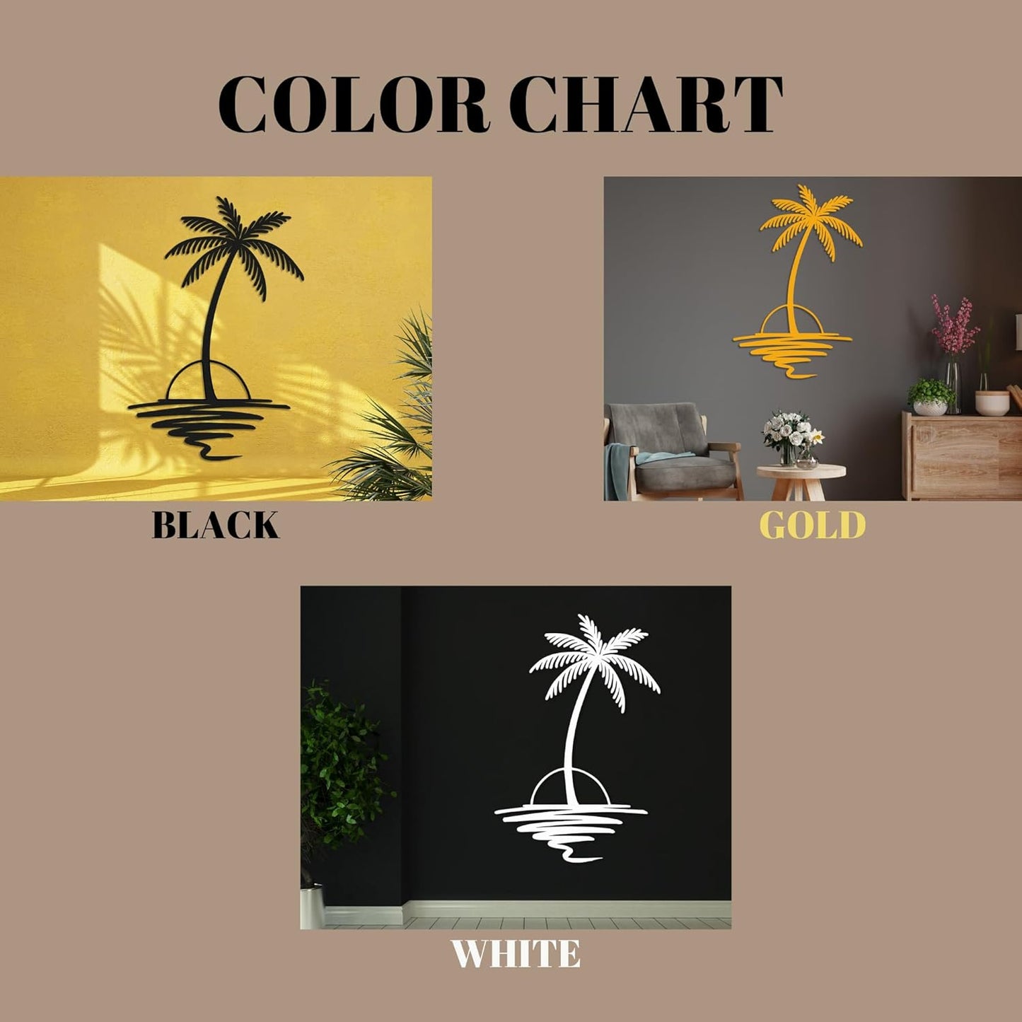 Metal Palm Tree with Sunset Wall Art, Large Outdoor Wall Decor, Tropical Beach Coastal Decor for Living Room, Bedroom, Garden Home Wall Sign, Perfect Metal Wall Art for Beach House, Coastal Theme, and Home Decoration (Gold, 48 x 40 inches)