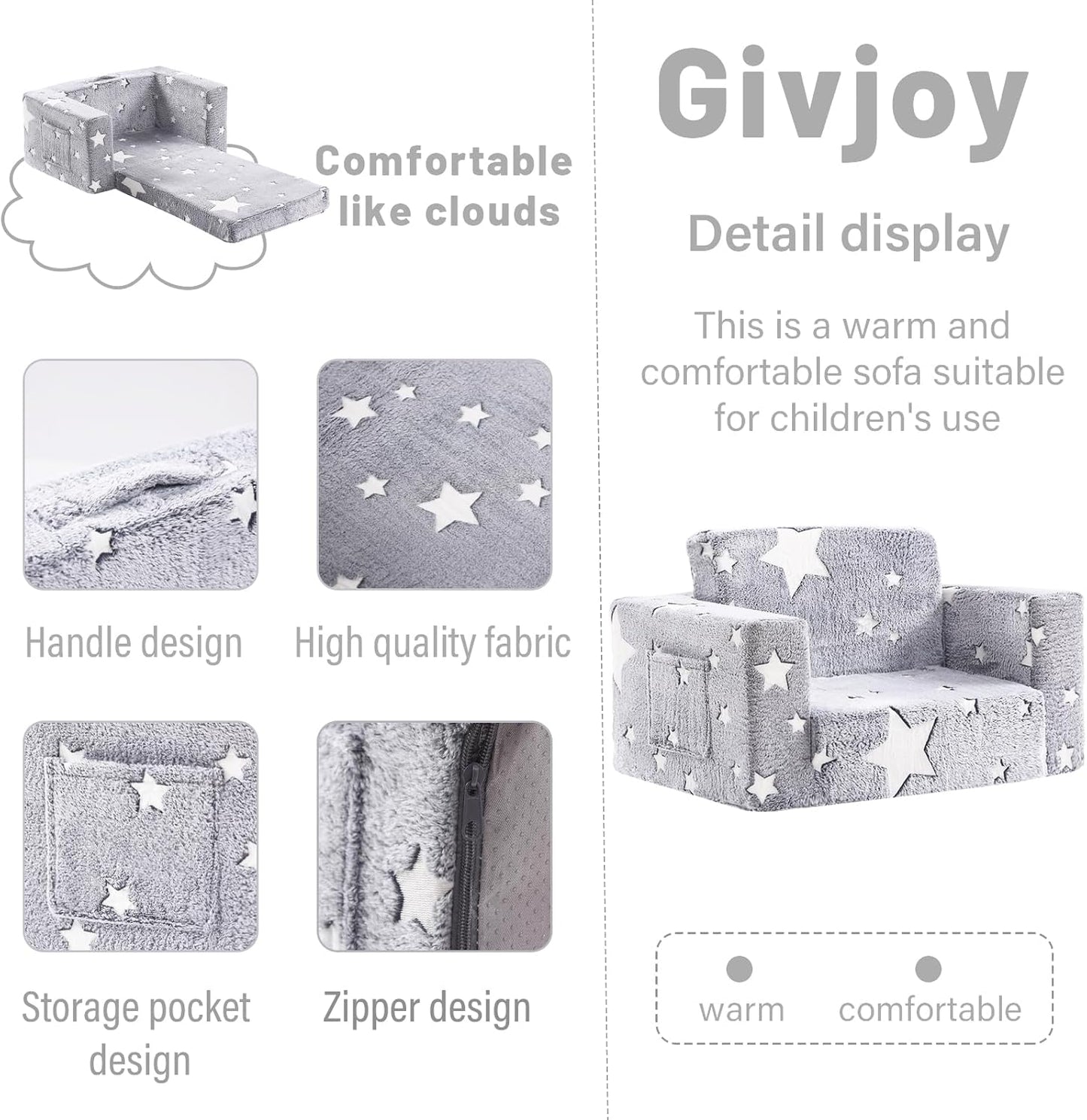 Toddler Chair Plush Kids Couch, 2-in-1 Comfy Armchair Removable and Washable Cover Carrying Handle, Convertible Reading Chair Toddler Couch for Girls and Boys, Glow in The Dark Grey Star