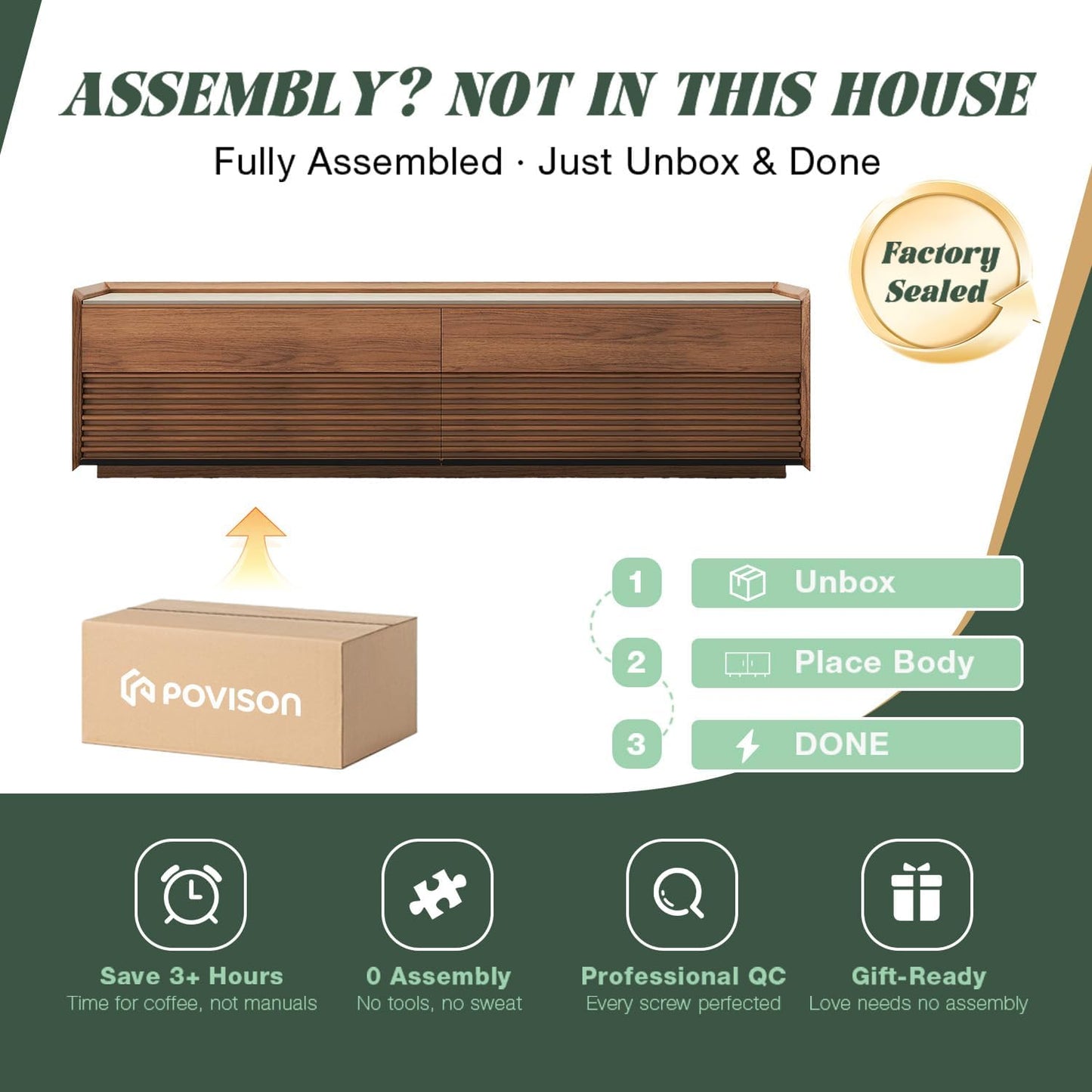 POVISON Fully-Assembled Mid Century Matte Sintered Stone TV Stand, 70.87" Wood Media Console with Adjustable LED Light, Entertainment Center with Storage for Living Room