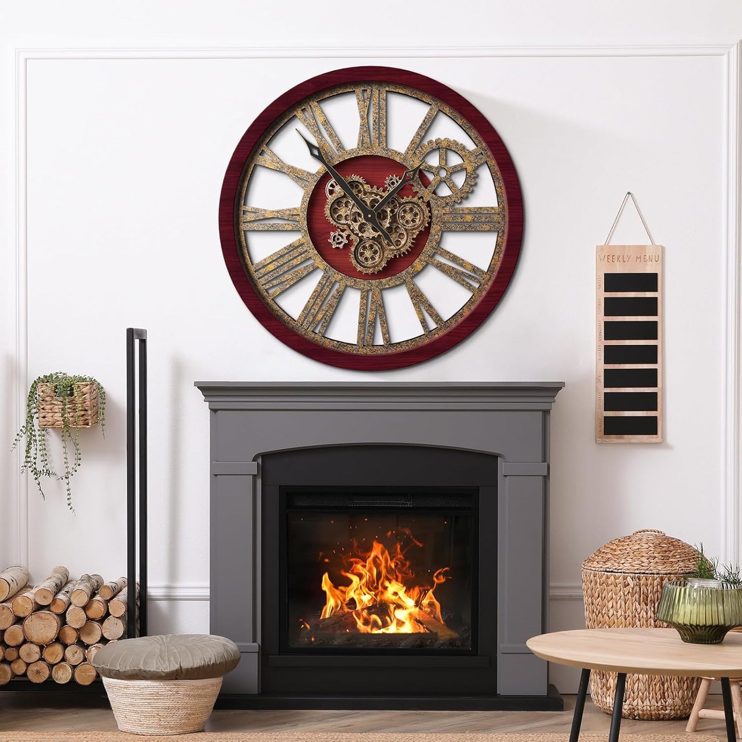 The B-Style Large Wall Clock 24 inch Moving Gear Wall Clock Oversized Vintage Farmhouse Wall Clocks for Living Room Decor Rustic Industrial Wood Clock (Cherry red and Bronze, 36 inch/90cm)