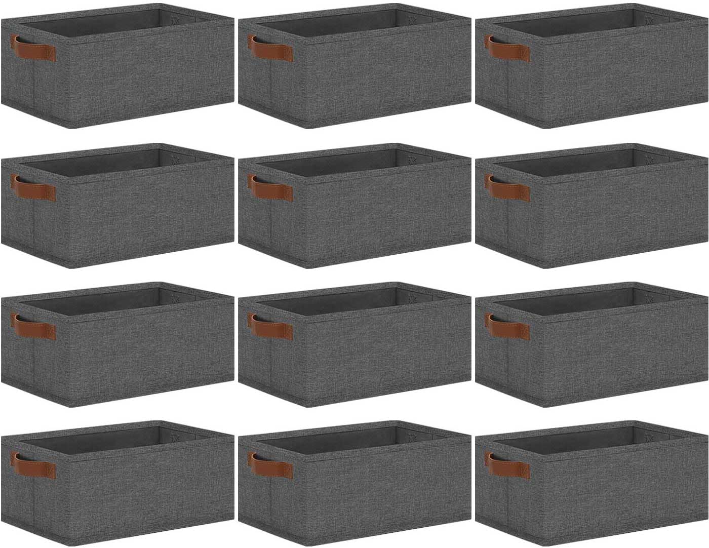 GhvyenntteS Small Fabric Storage Bins 12 Pack, 11.8" x 7.87" x 5.11" Storage Basket with Leather Handles, Closet Storage Bins for Shelves, Storage Baskets for Shelves, DVD Storage (Grey)