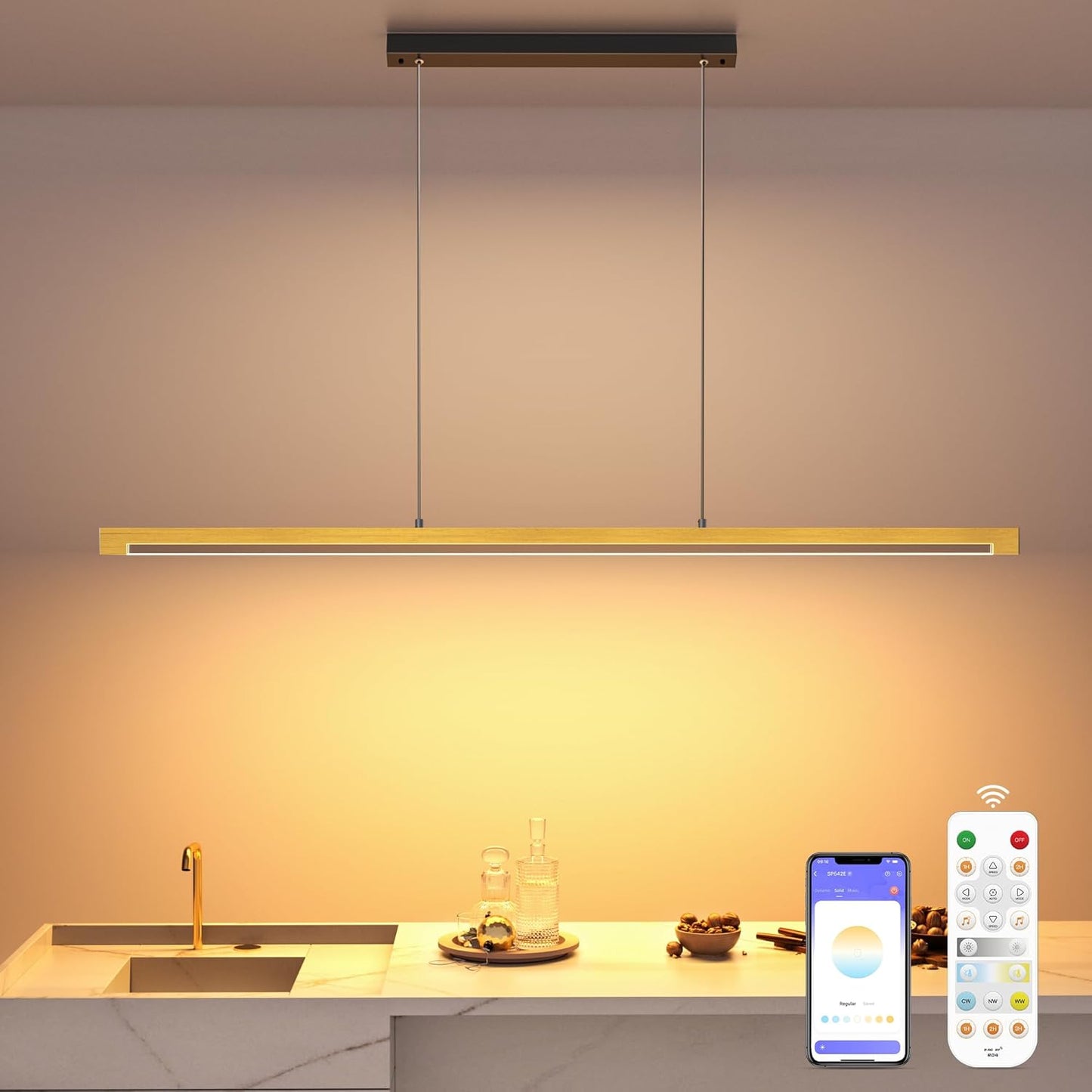54" Linear Pendant Light Aluminum, 40W Gold Dimmable Kitchen Island Lighting with Remote & App Control, Adjustable CCT (3000K-6000K), Modern Chandelier for Home Office Dining Room Study