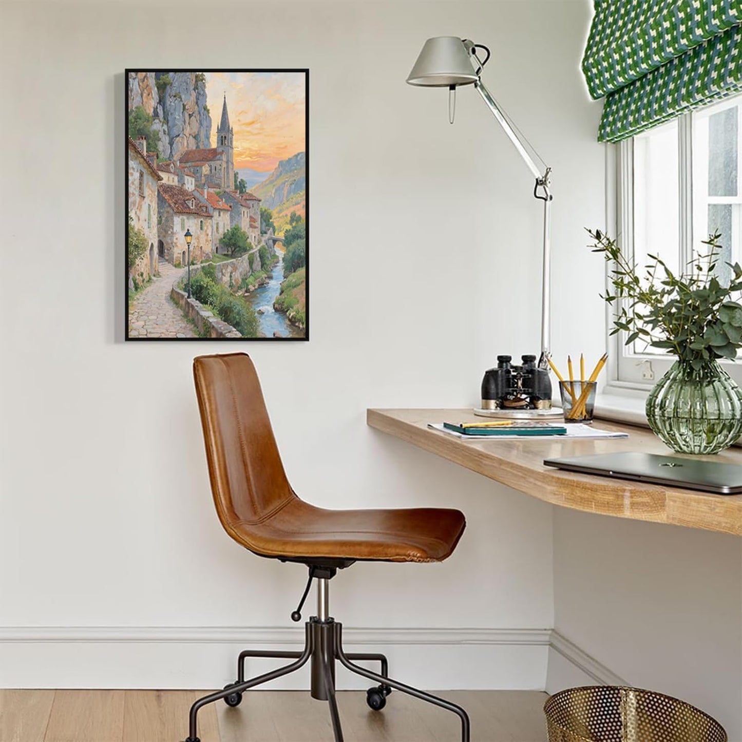 Small town scenery poster on the bank of the mountain stream is suitable for living room bedroom and office natural oil painting poster