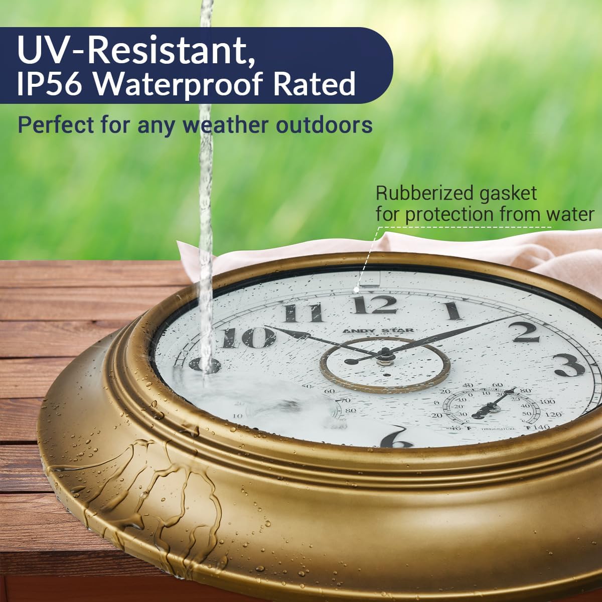ANDY STAR 21 Inch Outdoor Clocks Waterproof, Large Outdoor Wall Clocks for Patio with Thermometer, Weatherproof Illuminated Clock Battery Operated with Thermometer&Hygrometer, Gold Metal Finish