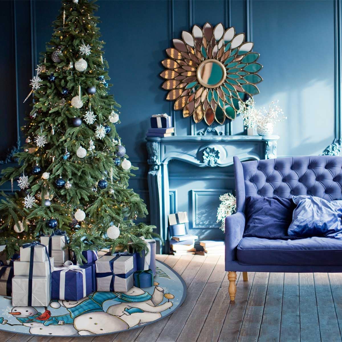 Christmas Tree Skirt 48 inches Blue Snowman Christmas Tree Skirt Mat Farmhouse Xmas Ornaments Decorations for Christmas Holiday Party (Blue, 48in)